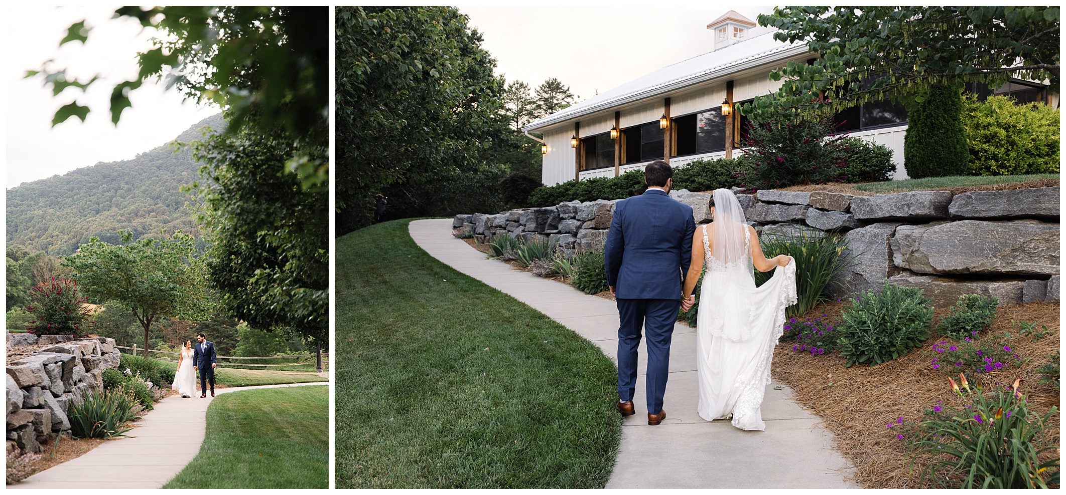 A couple, dressed in wedding attire, walks hand in hand along a winding sidewalk lined with greenery and rocks, heading towards a white building with large windows.