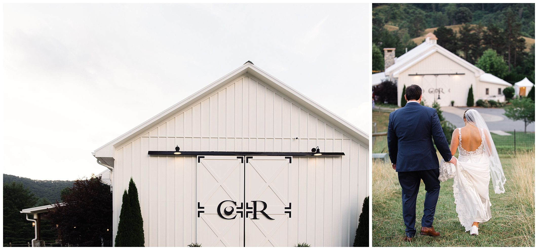 A bride and groom walk hand in hand towards a white barn with large doors and metal initials "C H R" mounted on the front.