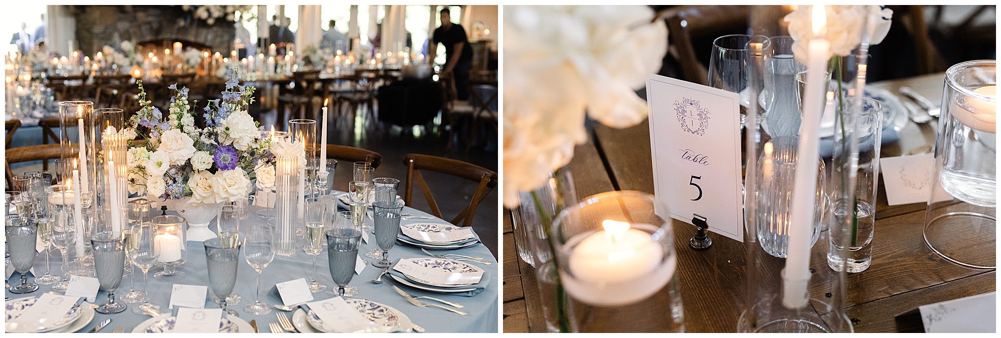 A dining setup with elegantly arranged flowers, candles, and table settings. A sign indicates table 5. Plates, glasses, and cutlery are neatly organized on the table, adorned with white and purple flowers.