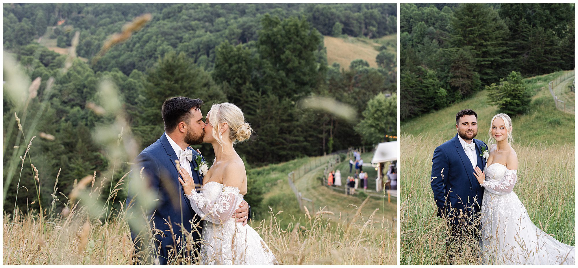 A couple in formal attire stands in a grassy field with wooded hills in the background. One photo shows them kissing, while the other shows them posing and smiling.