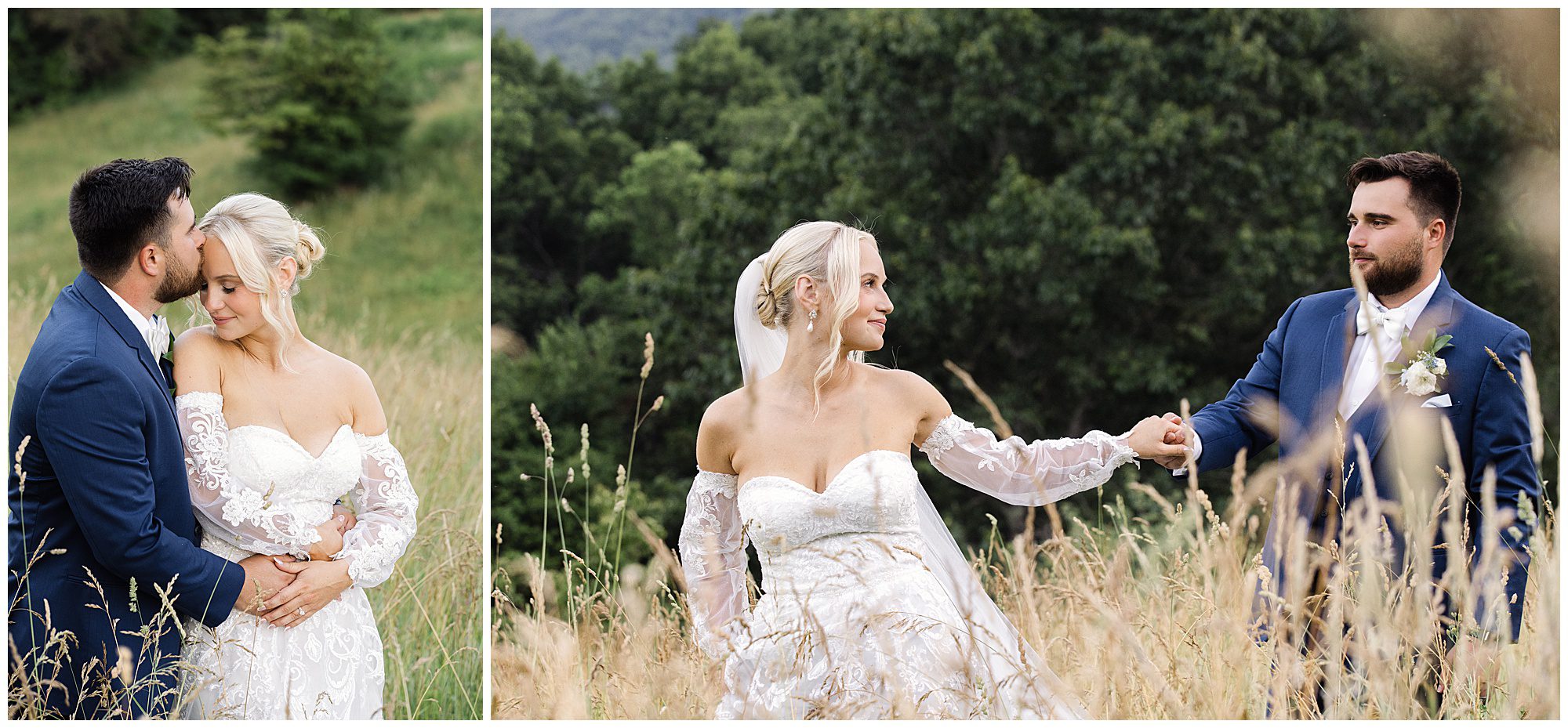 A couple in wedding attire poses outdoors in a grassy area. The bride in a white dress and the groom in a blue suit are shown in two scenes: embracing and holding hands while walking.