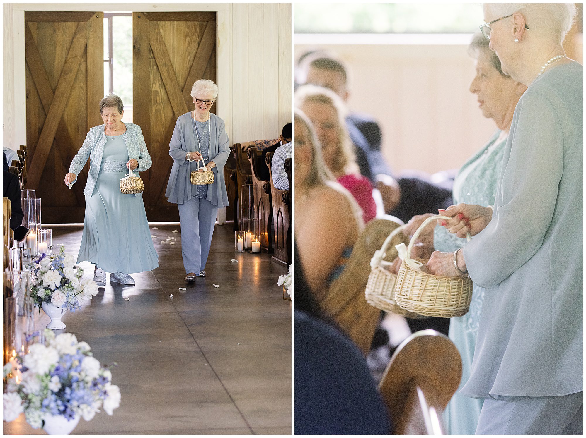 Two elderly women in light blue outfits walk down an aisle carrying wicker baskets at a wedding ceremony inside a white venue with wooden doors and floral decorations.