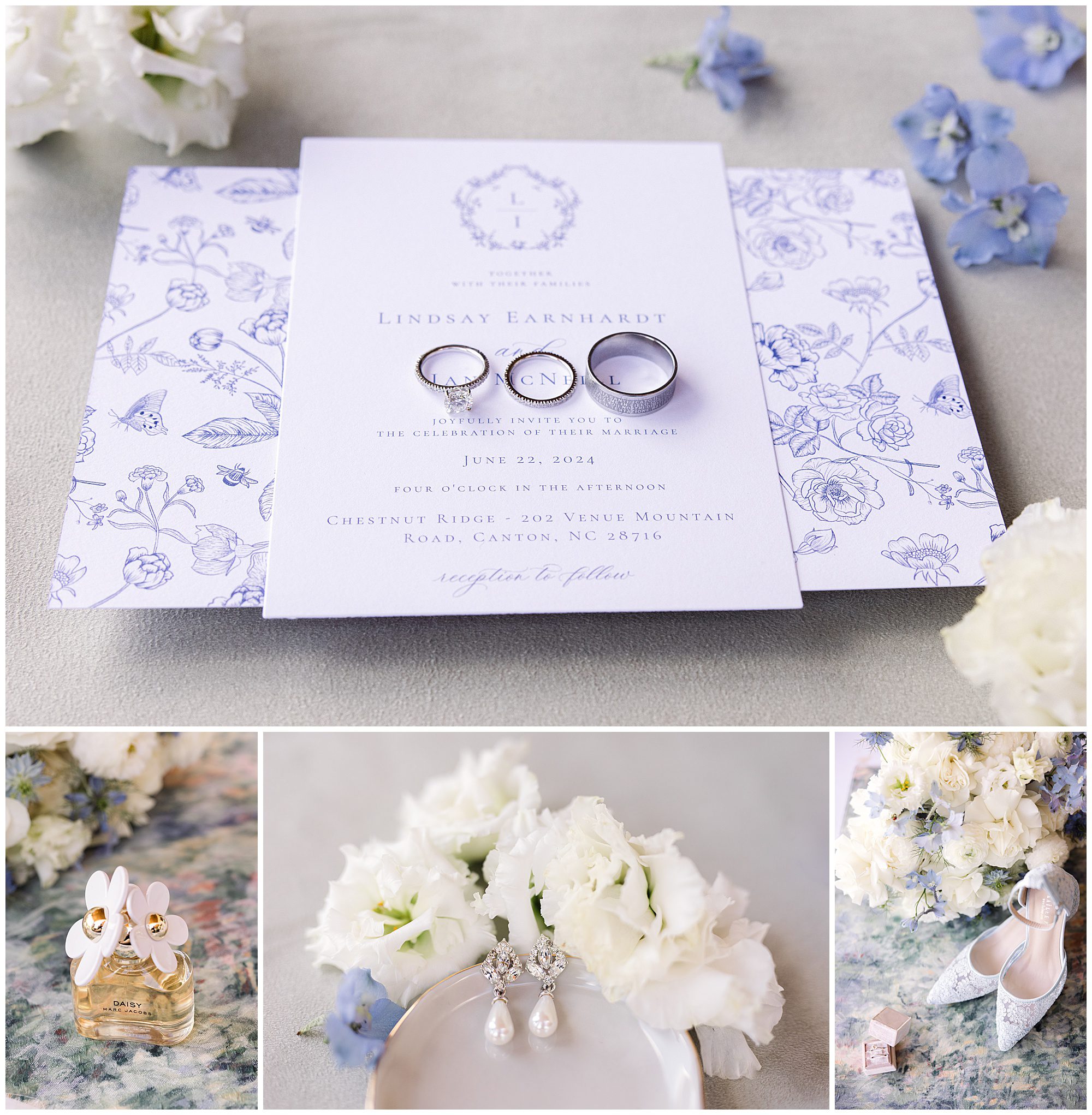 Wedding stationery with blue floral design, three rings on the main card, white flowers, perfume, pearl earrings, and light gray surface. Text on card includes date, time, location, and names.