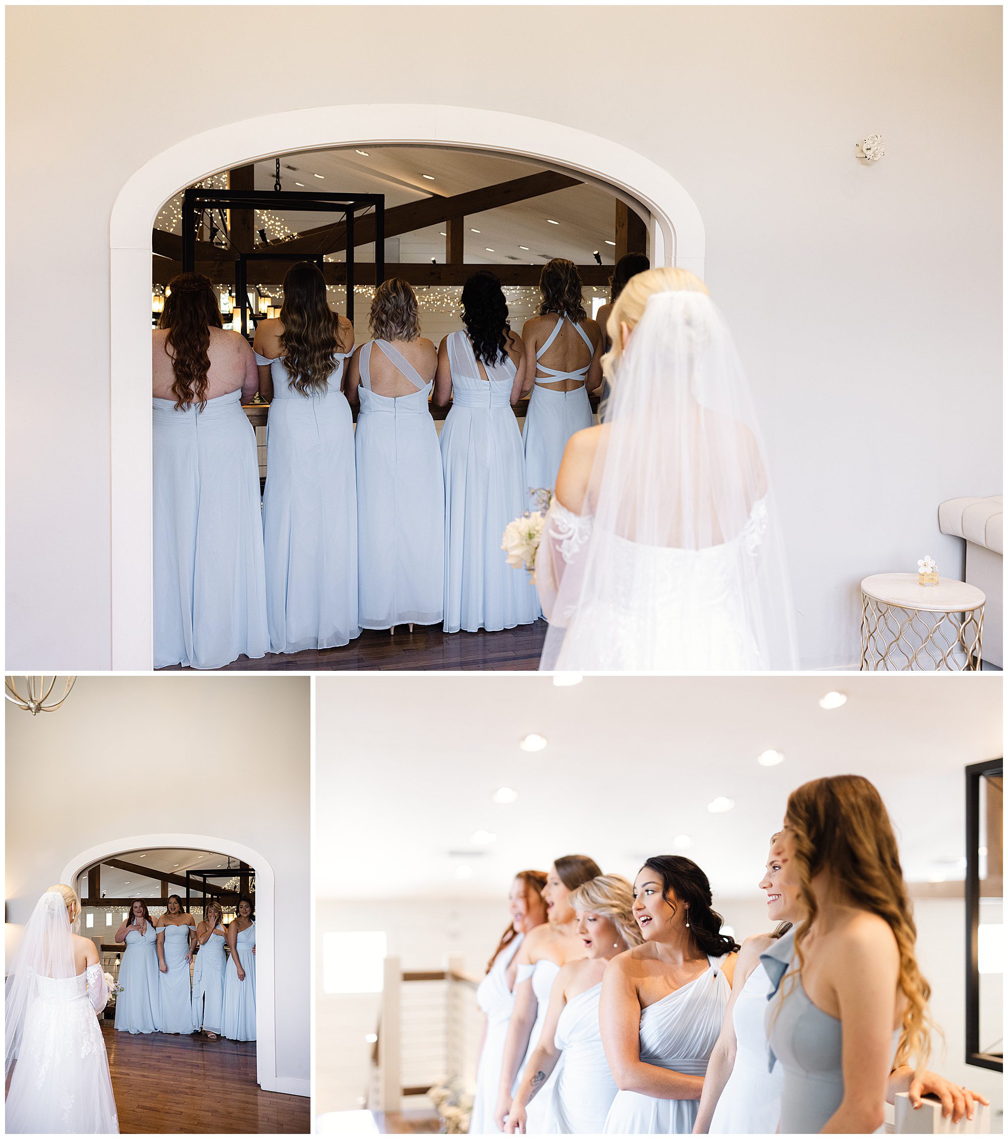 A bride in a white dress and veil looks at six bridesmaids in light blue dresses standing in a room. The bridesmaids face away from the bride in one image and towards her in another.