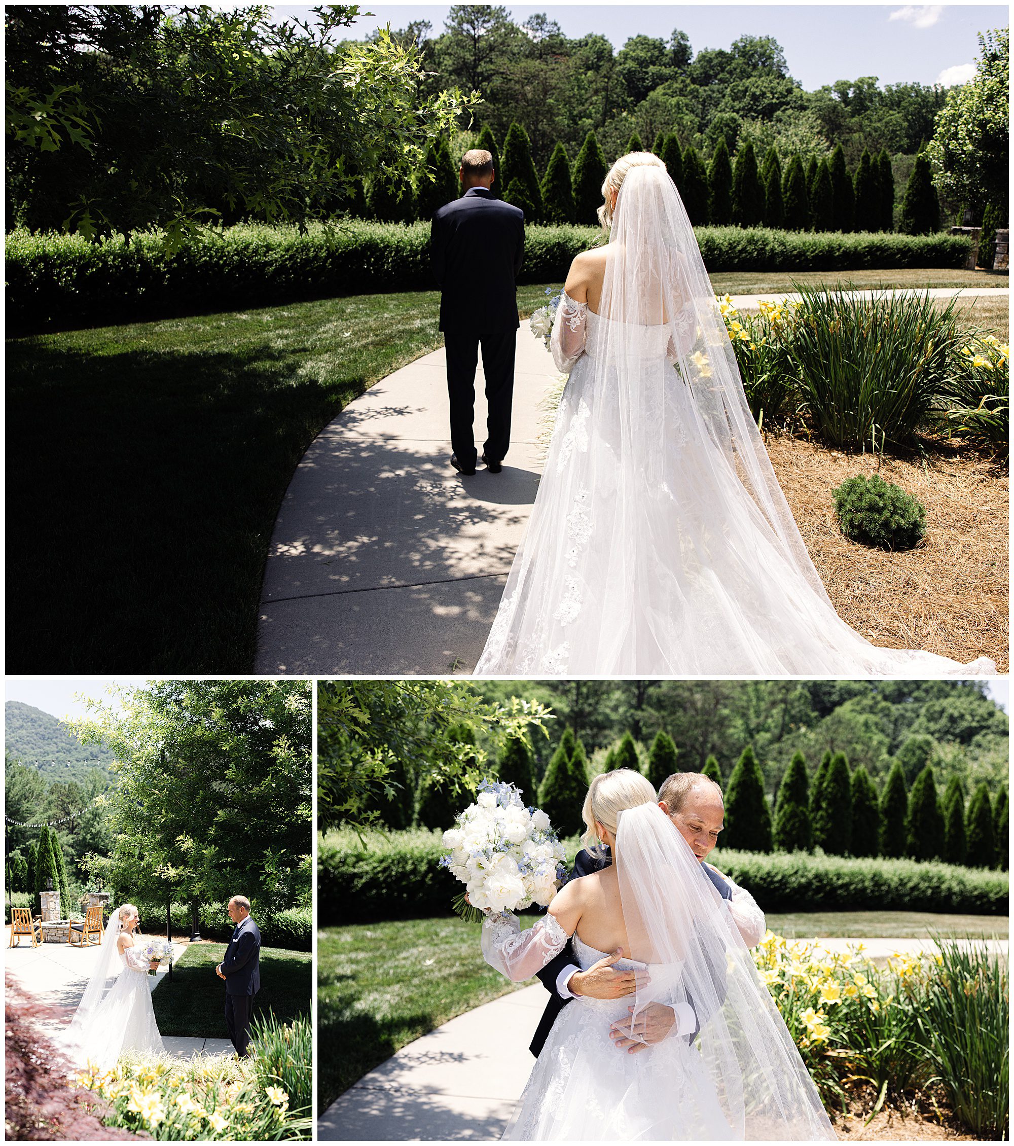 A bride in a white gown and veil approaches and hugs an older man in an outdoor garden setting surrounded by greenery and flowers.