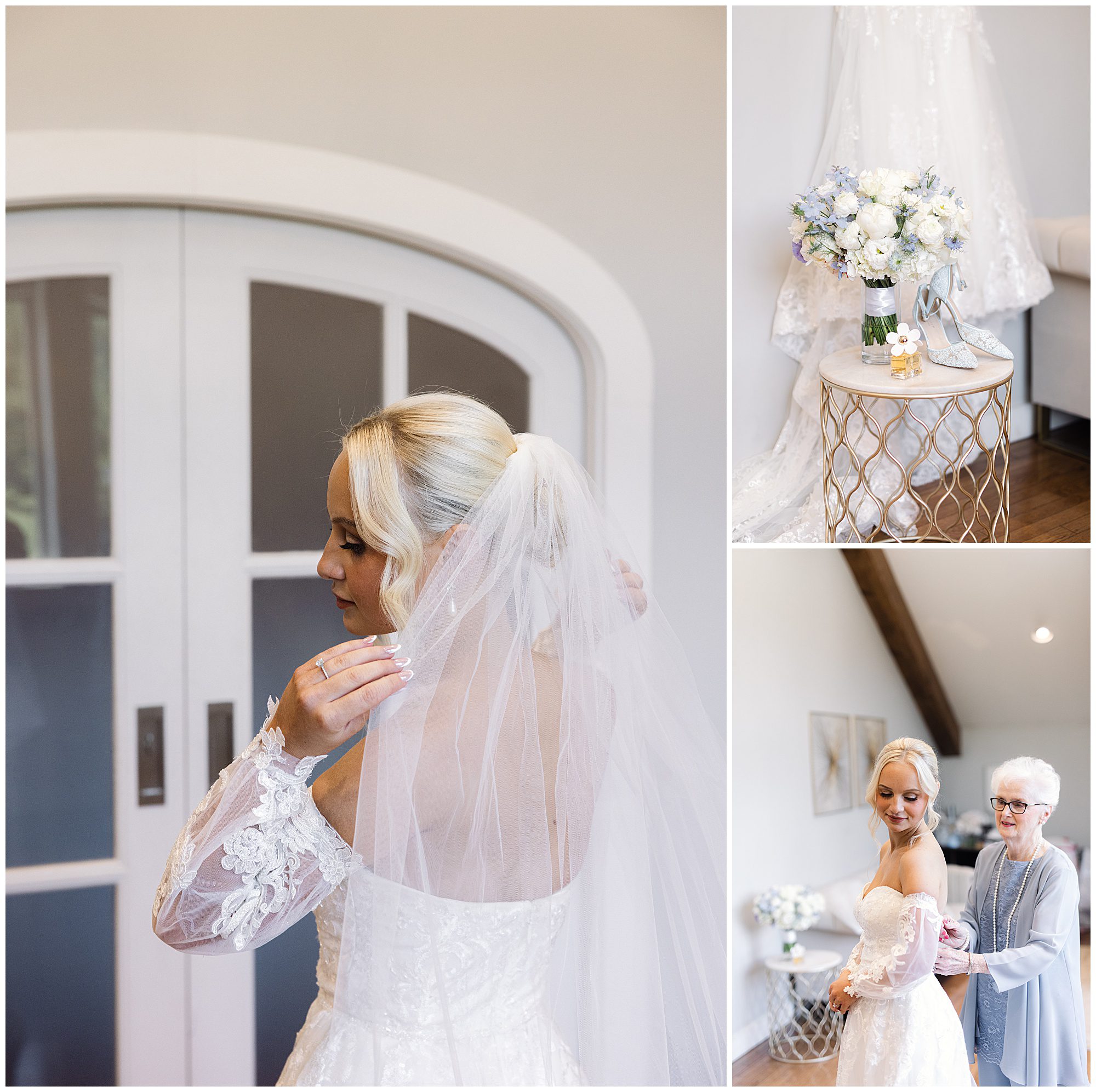 A bride in a lace wedding dress adjusts her veil near a closed door. A bouquet and veil are displayed together. An older woman helps the bride with her dress.