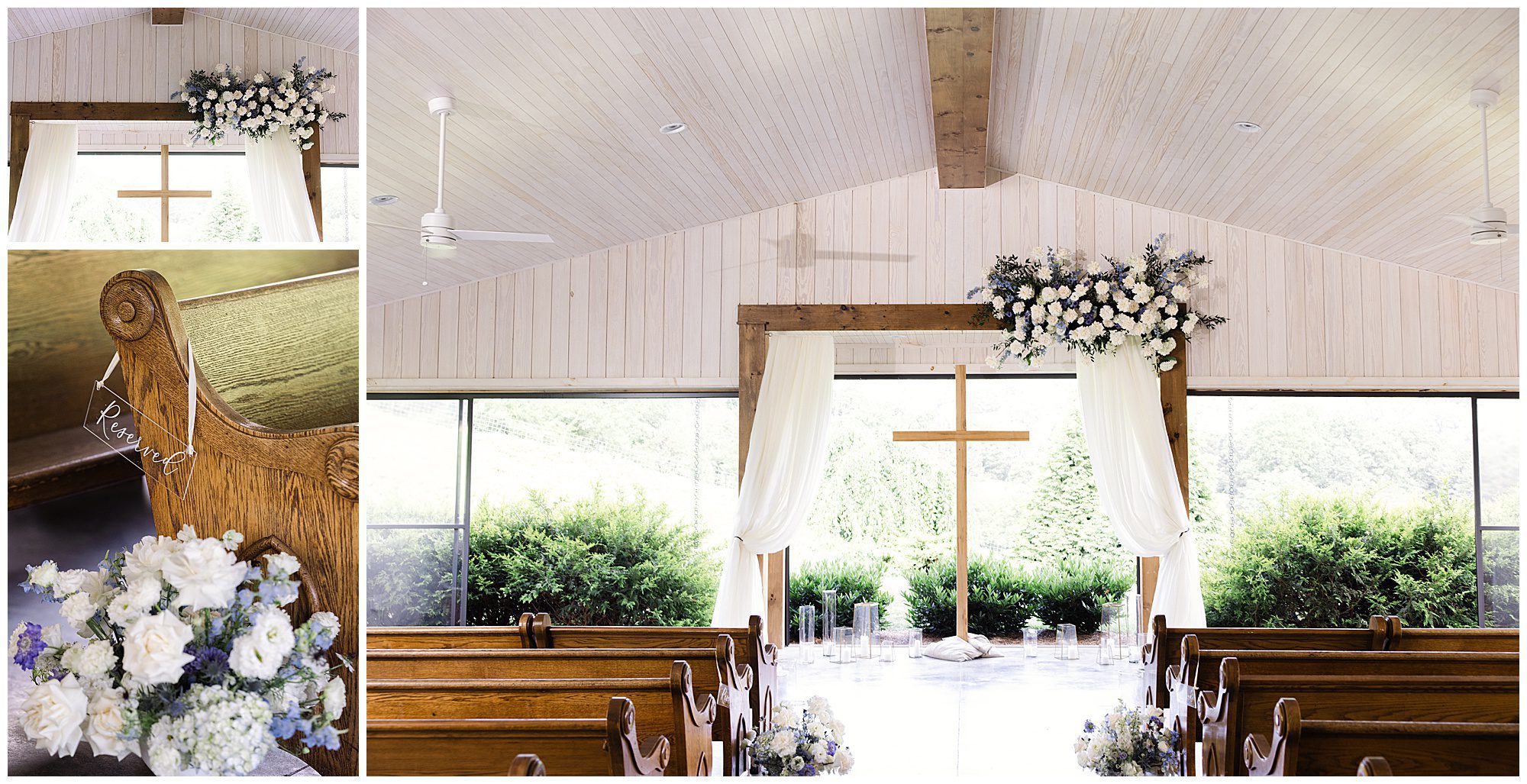 A decorated, rustic chapel with wooden pews, a central floral arrangement above draped curtains, and a cross at the front. Side images show a close-up of a flower bouquet and a "reserved" sign on a pew.