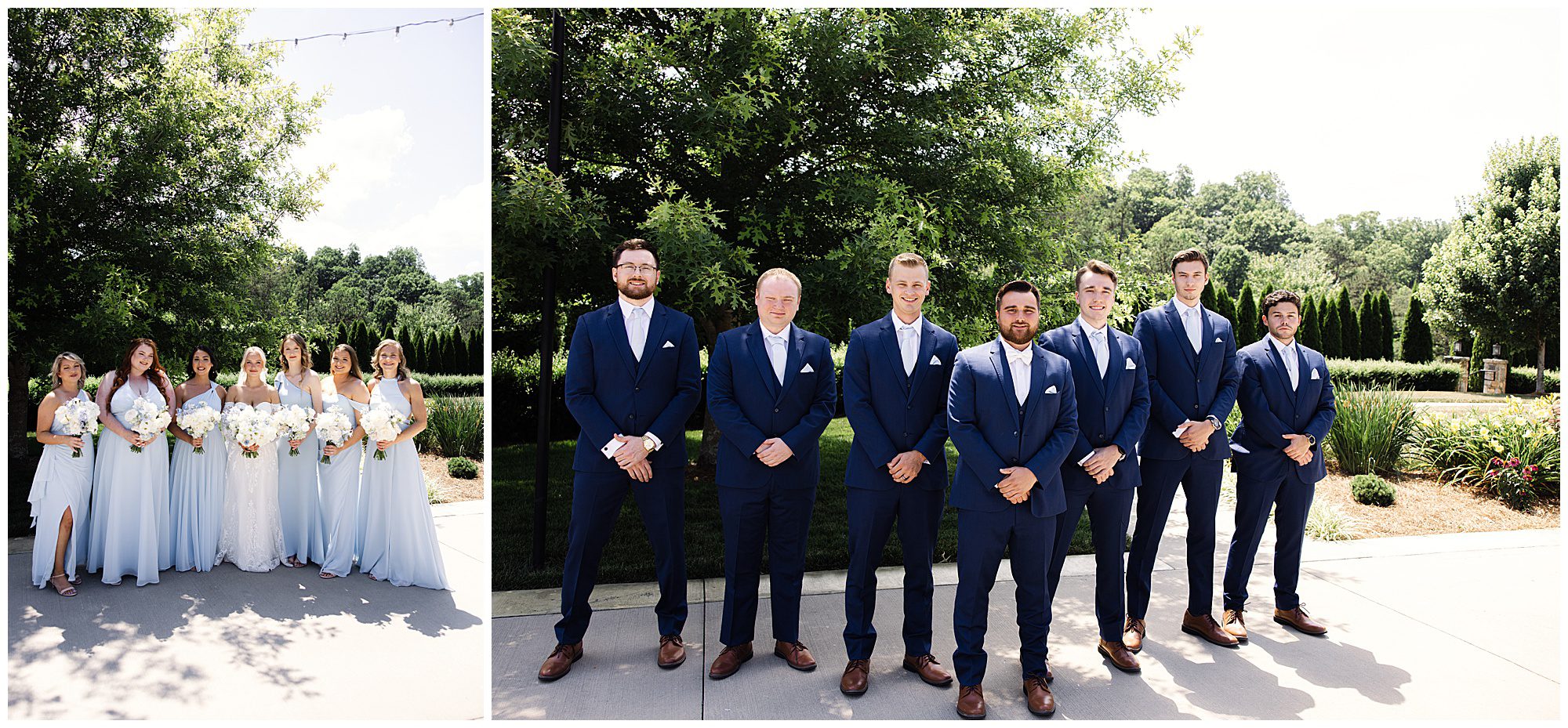 Group portraits of a bride with bridesmaids and a groom with groomsmen, all wearing coordinated blue attire, standing outdoors with trees and greenery in the background.