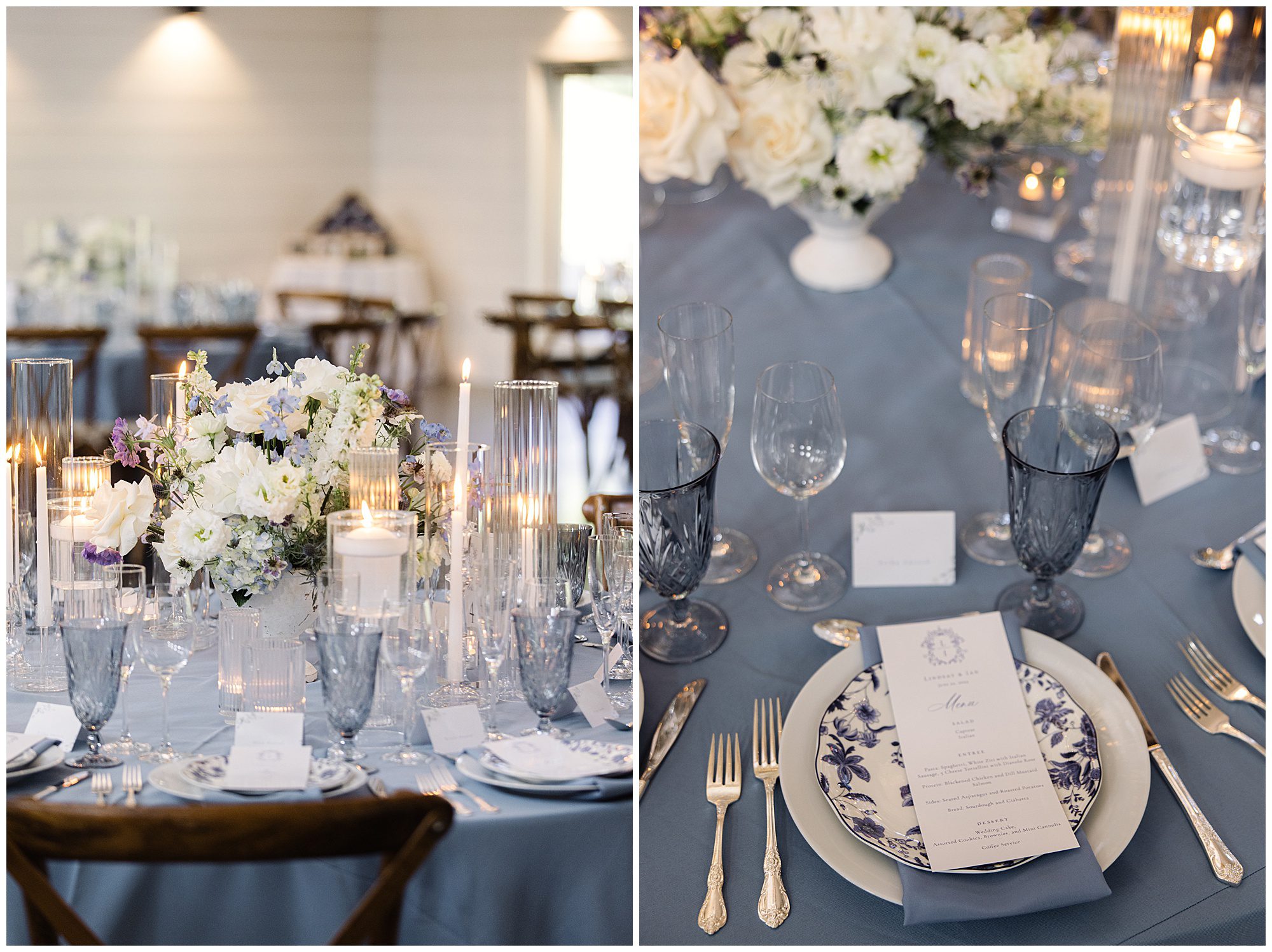 Elegant NC Wedding set table with blue and white theme, featuring floral centerpieces, candles, blue-tinted glasses, and place settings with printed menus and name cards. Blue tablecloth and ornate plates.