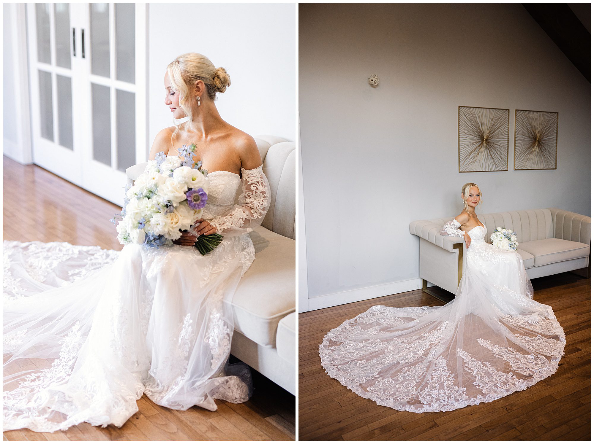 A bride in a white lace off-the-shoulder gown with a long train holds a bouquet of white and purple flowers. She is seated on a light-colored sofa in both images.