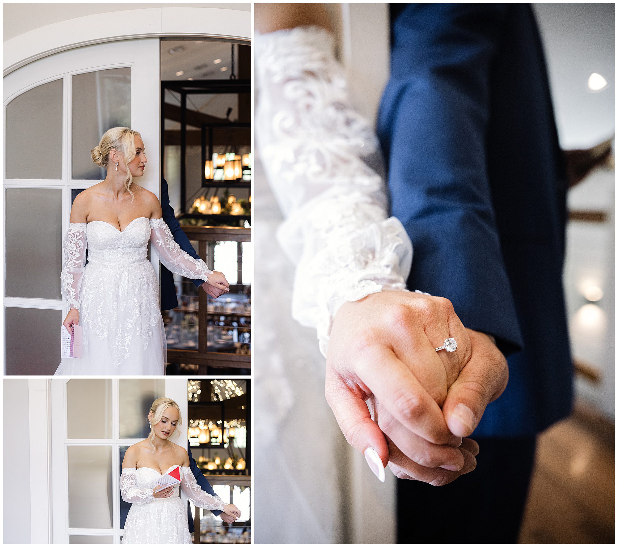 A collage features a bride in a white lace gown with a strapless neckline, holding a groom's hand; she stands apart in two smaller images while reading a letter.