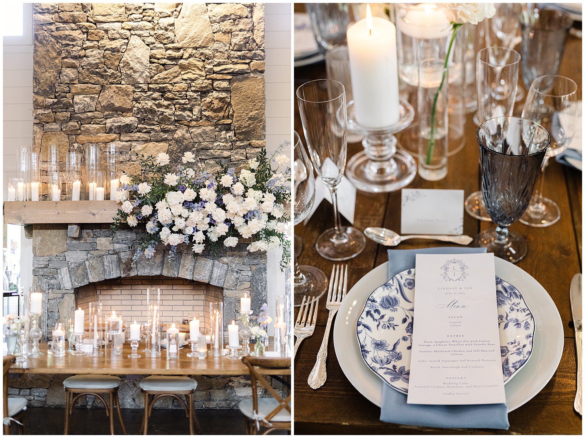 A rustic stone fireplace adorned with flowers and candles on a mantel beside a close-up of a table setting featuring a blue floral plate, glassware, and a menu on a napkin.