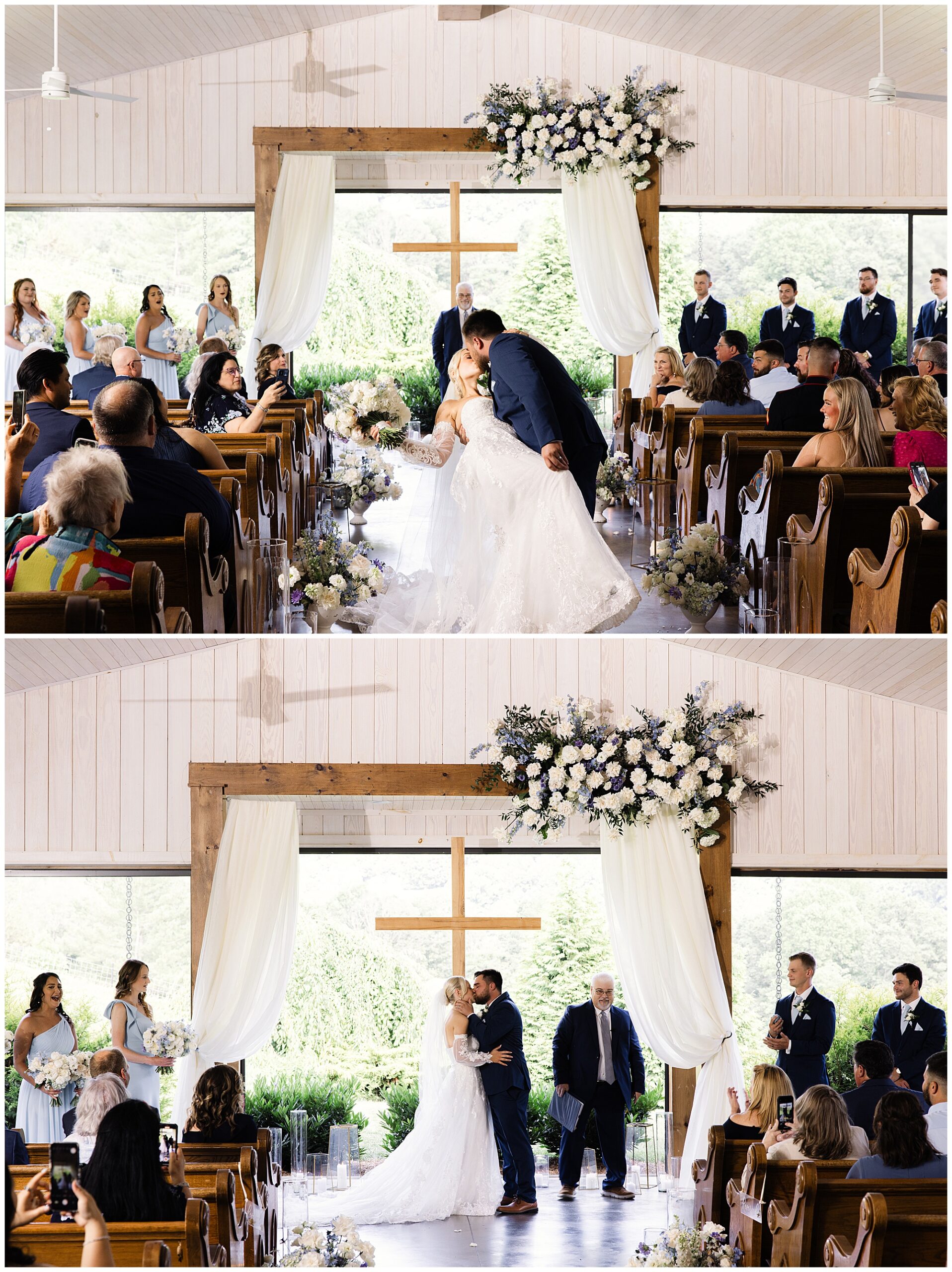 Two photos at a wedding ceremony show a couple kissing beneath a flower-adorned arch with a cross in the background as guests look on. Bridesmaids and groomsmen stand beside the couple.