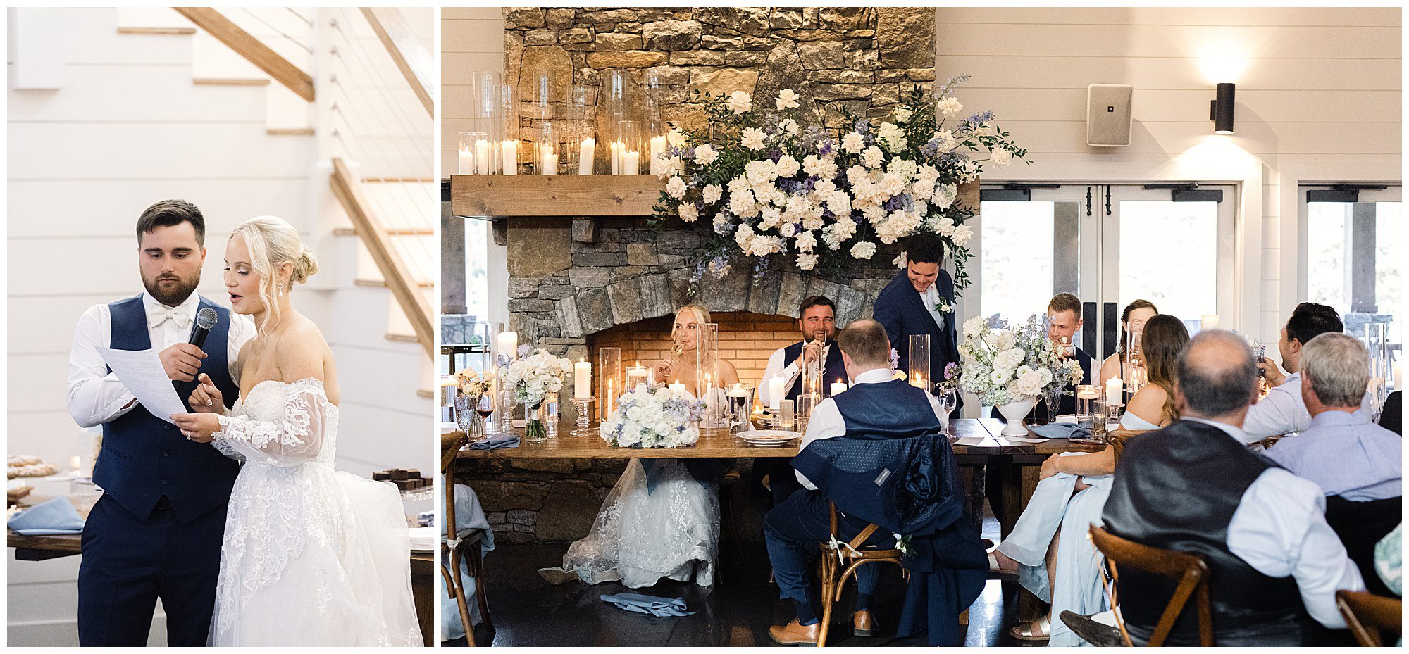 A bride and groom are giving a speech at their wedding reception. The venue features a stone fireplace with floral decorations and lit candles. Guests are seated at tables, attentively listening.