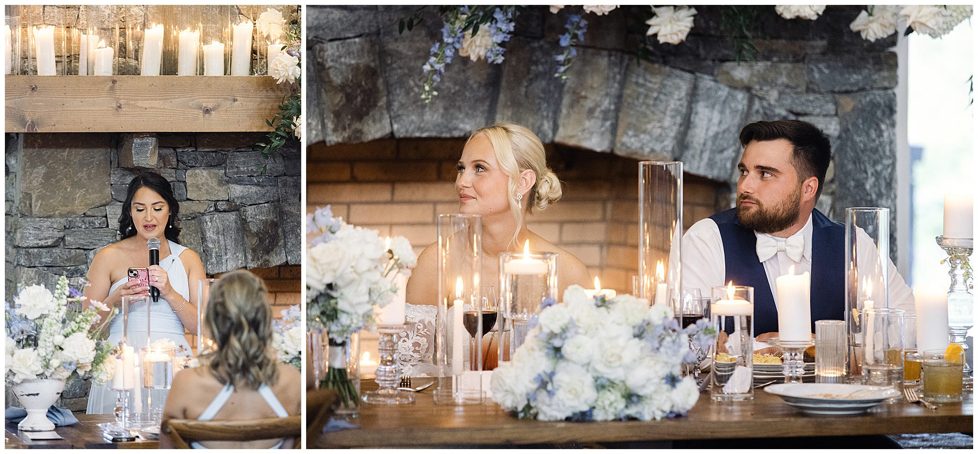 A woman speaks into a microphone at a wedding reception, while a couple sits at a decorated table with floral arrangements, candles, and soft lighting. The background features a stone wall and fireplace.