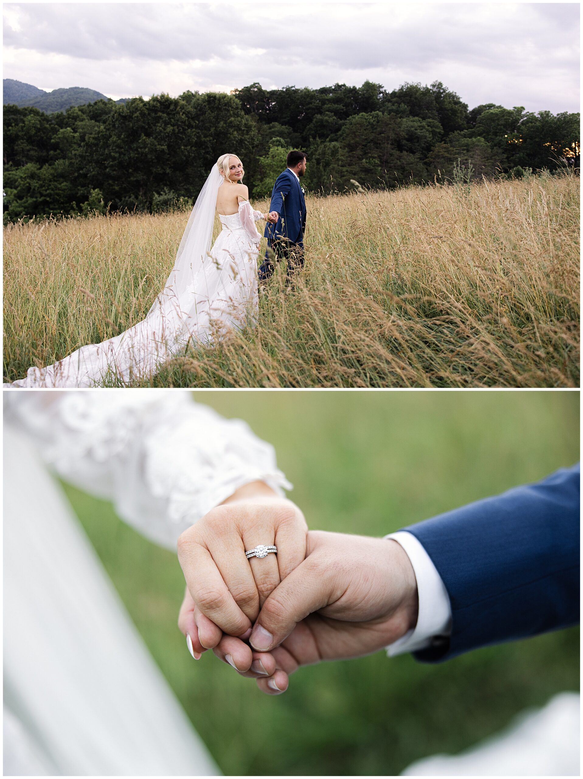 A couple in wedding attire walk through a grassy field, with the bride in a white gown and veil. Below, they are shown holding hands, focusing on the bride's diamond ring. At their Elegant NC Wedding