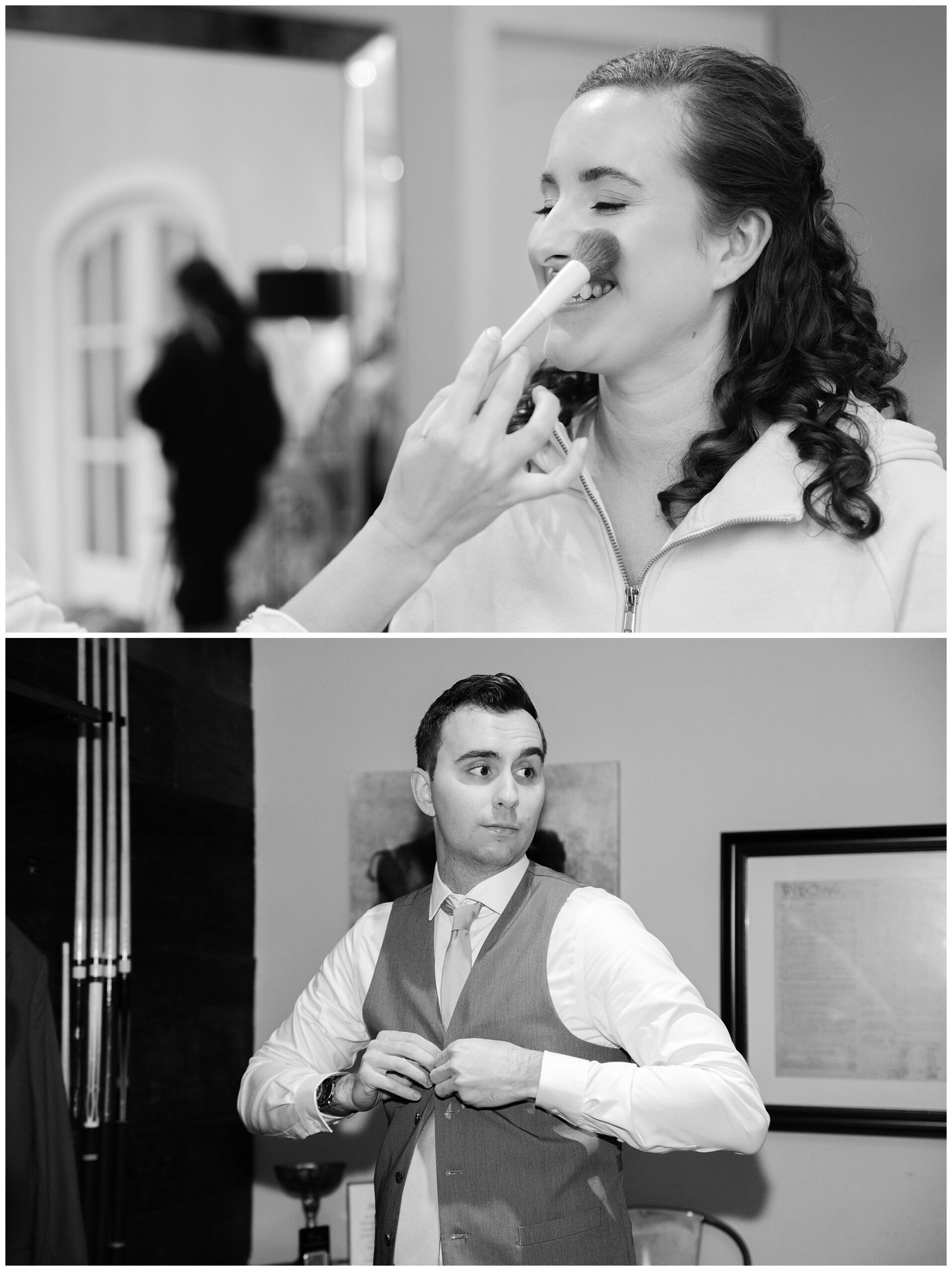 A woman is getting her makeup done and a man is buttoning his vest in preparation for an event.