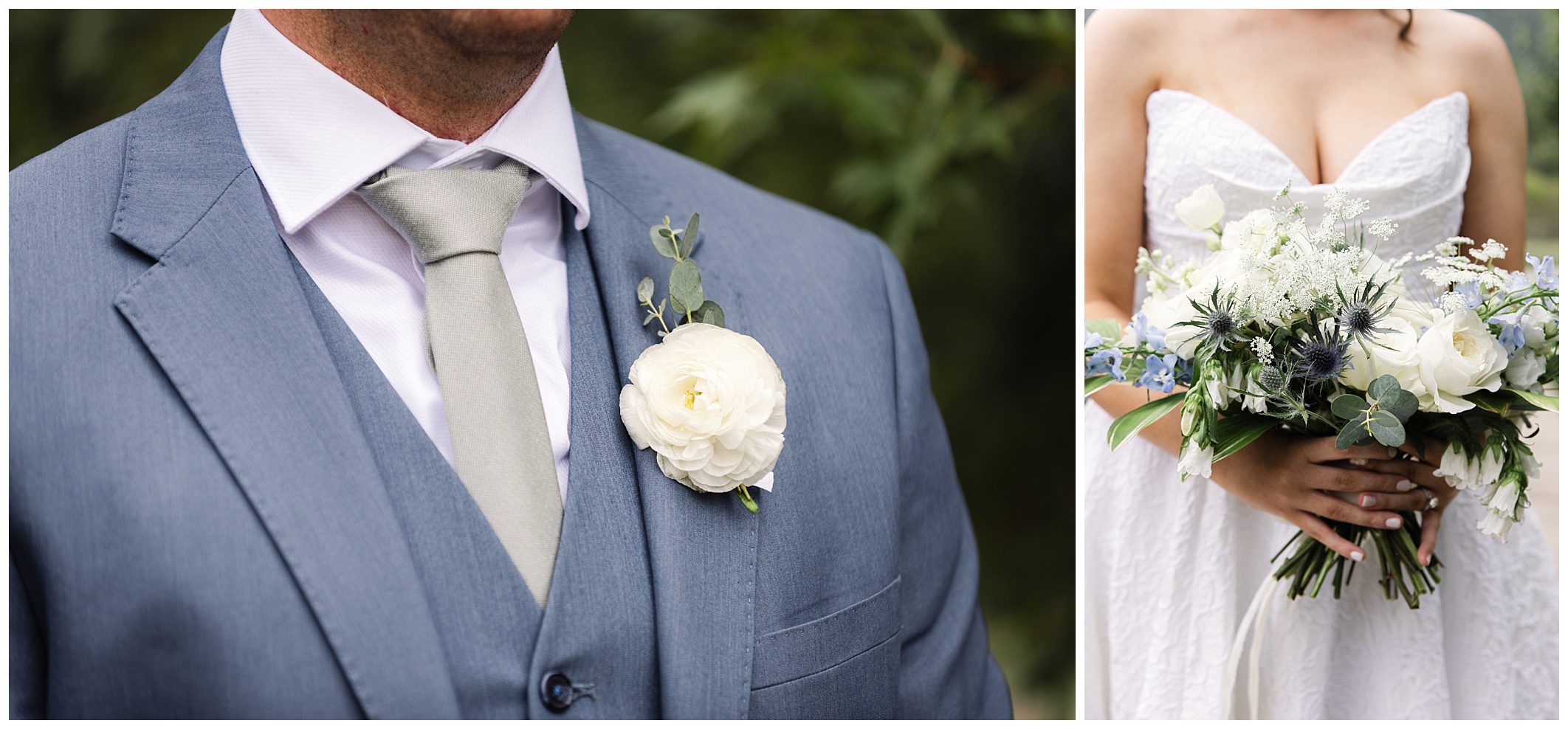 Close-up of a groom in a light blue suit with a white flower boutonniere on the left and a bride holding a bouquet of white and blue flowers on the right.