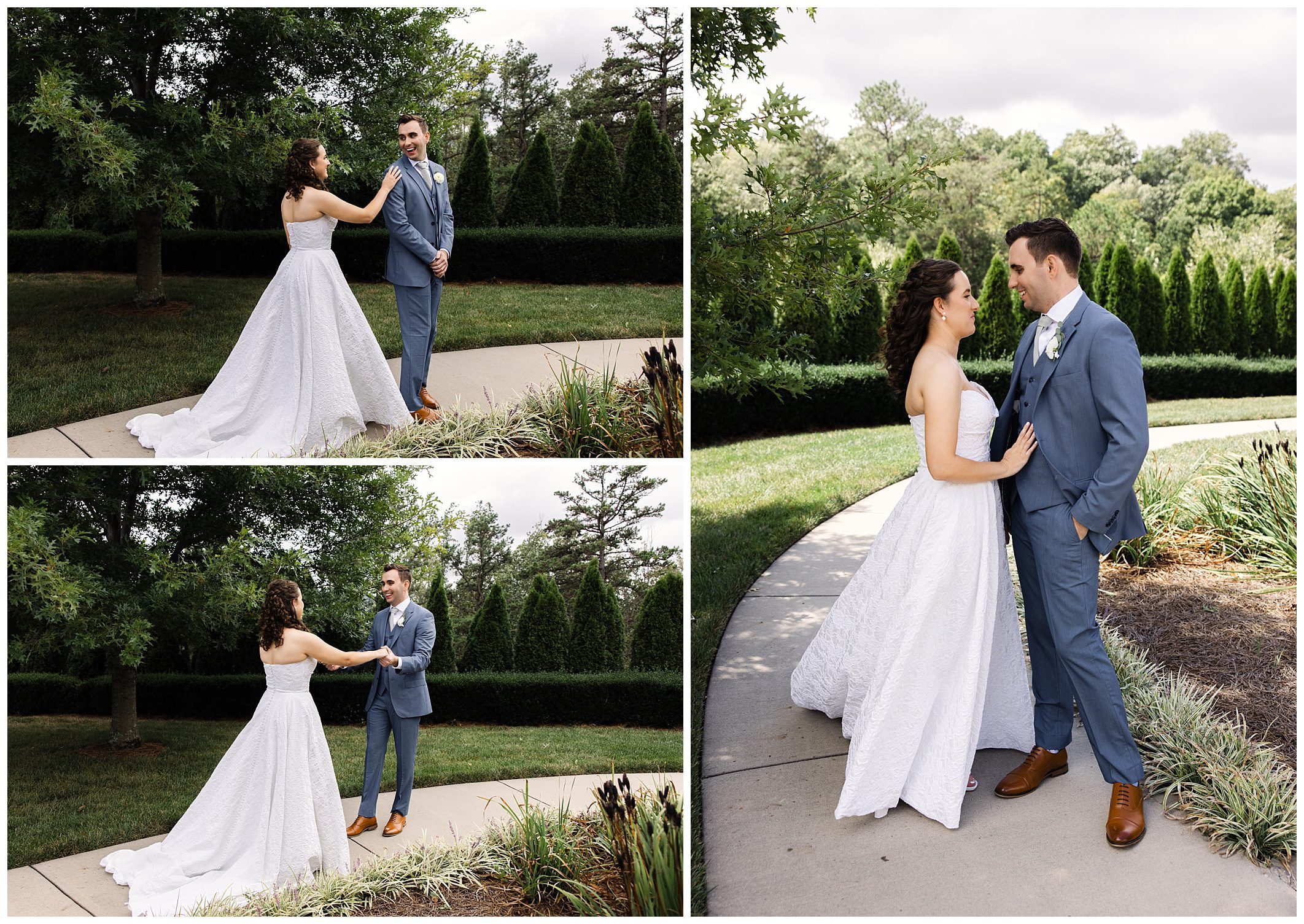 Three images of a wedding couple: the bride in a white dress and the groom in a gray suit, smiling and interacting outdoors, with greenery in the background.