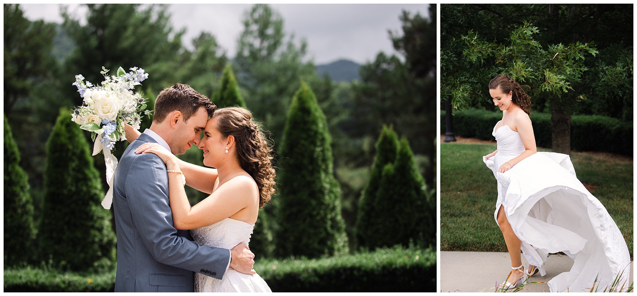 A bride and groom embrace outdoors, with the bride holding a bouquet. In the second image, the bride lifts her dress slightly while walking on a sidewalk.