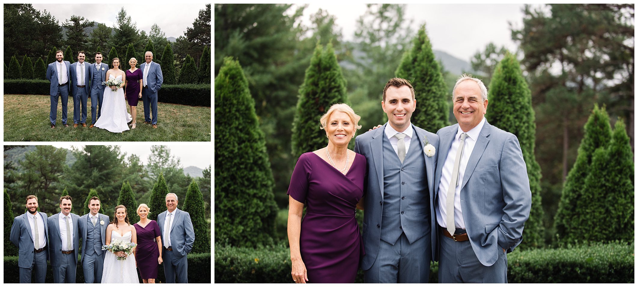 A series of outdoor wedding photos showing a groom with different groups: his parents, the bride, and groomsmen. Everyone is dressed in formal attire with greenery in the background.