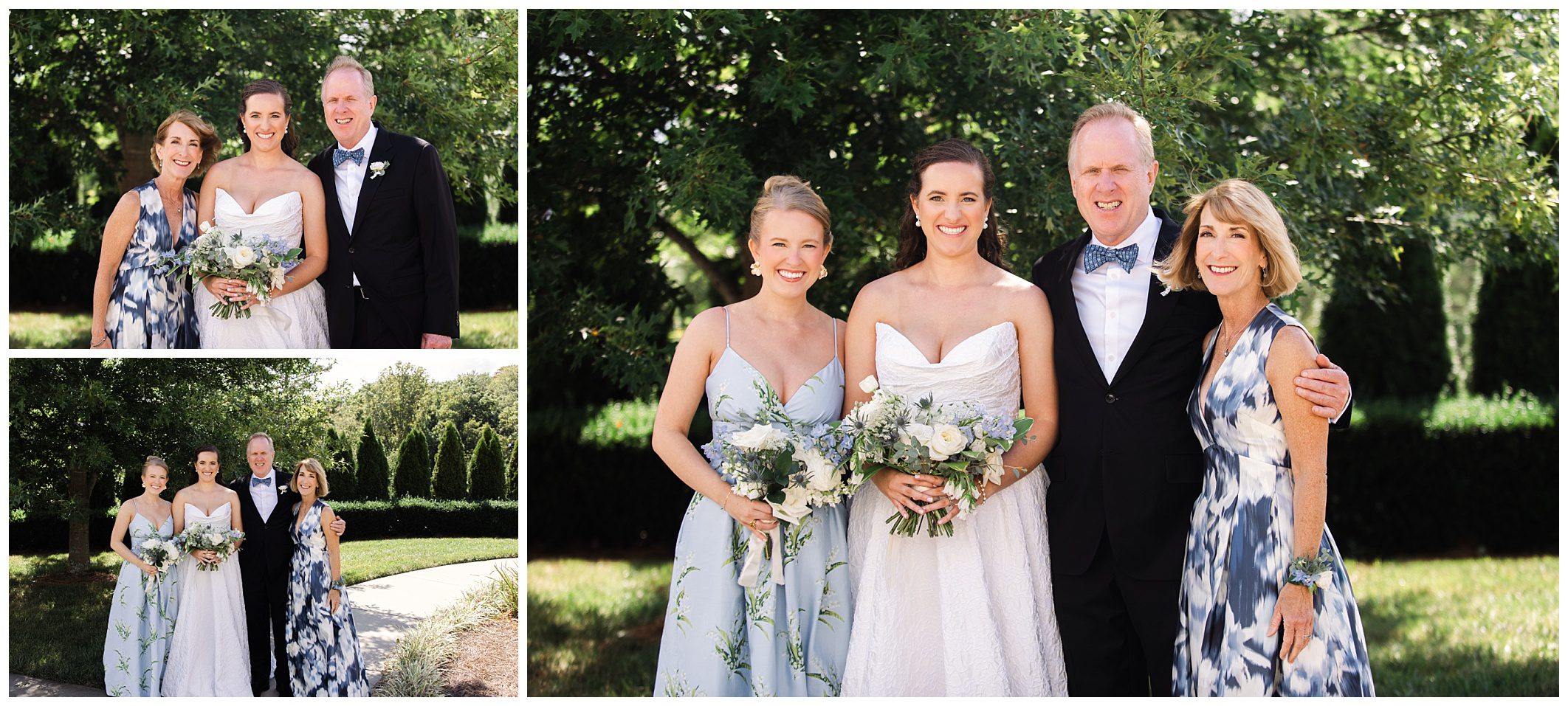 A bride and groom stand with two women in light blue dresses, all smiling outdoors. The group poses in front of greenery. Three smaller photos capture different group combinations in the same setting.