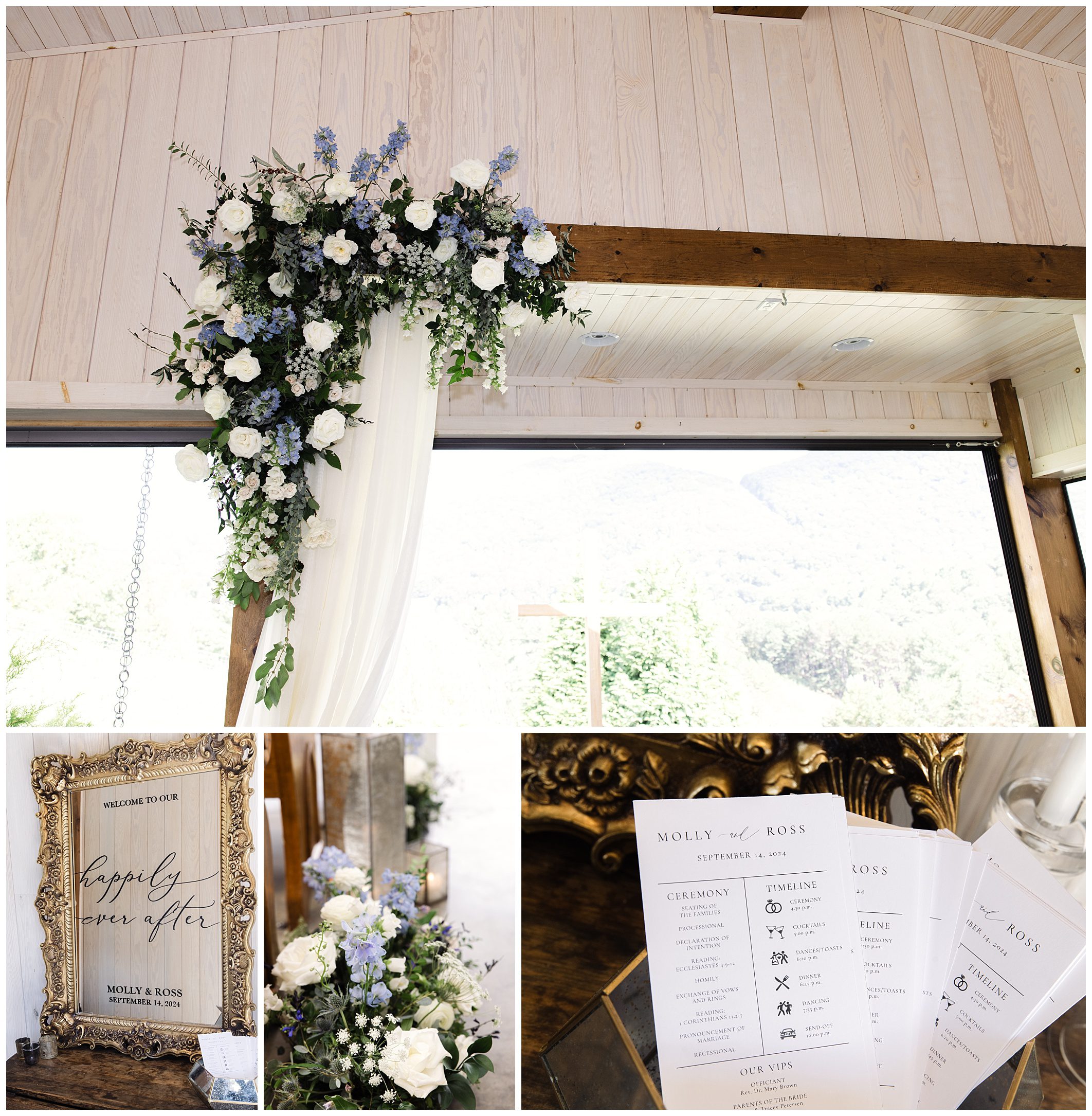 Various wedding decorations including a floral arrangement, a "happily ever after" sign, a flower bouquet, and printed wedding programs.