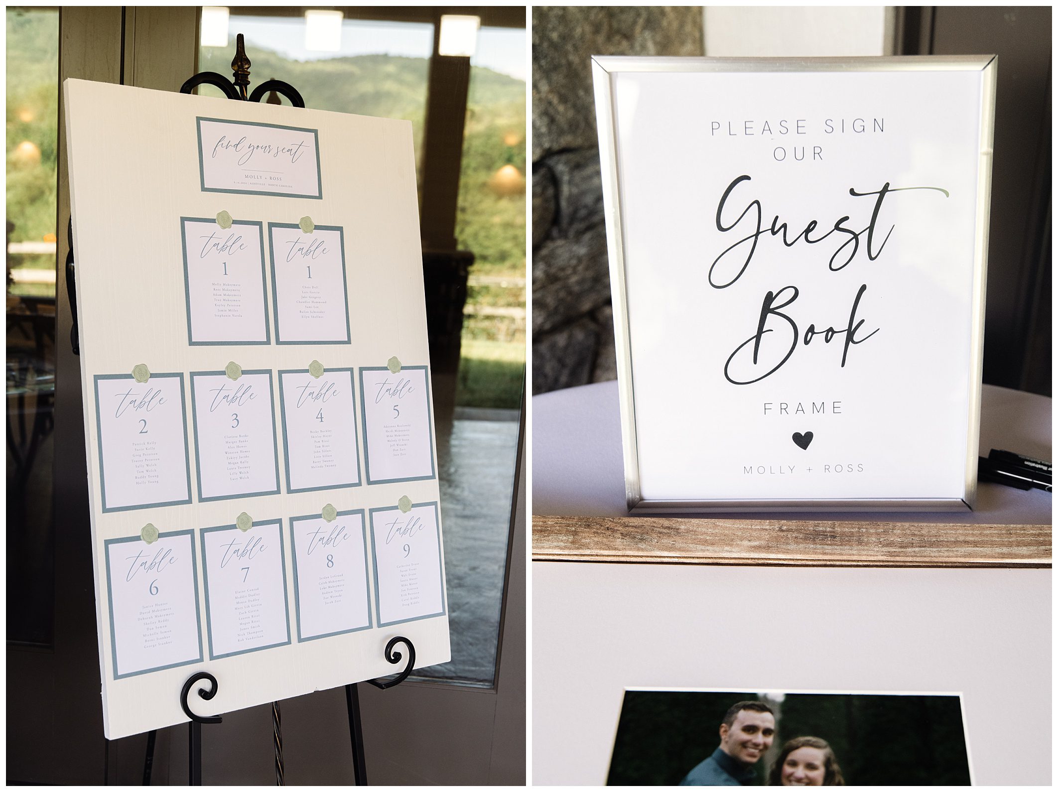 A wedding seating chart on the left displays table assignments, while a sign on the right requests guests to sign a guest book frame. Both are set against an outdoor backdrop.