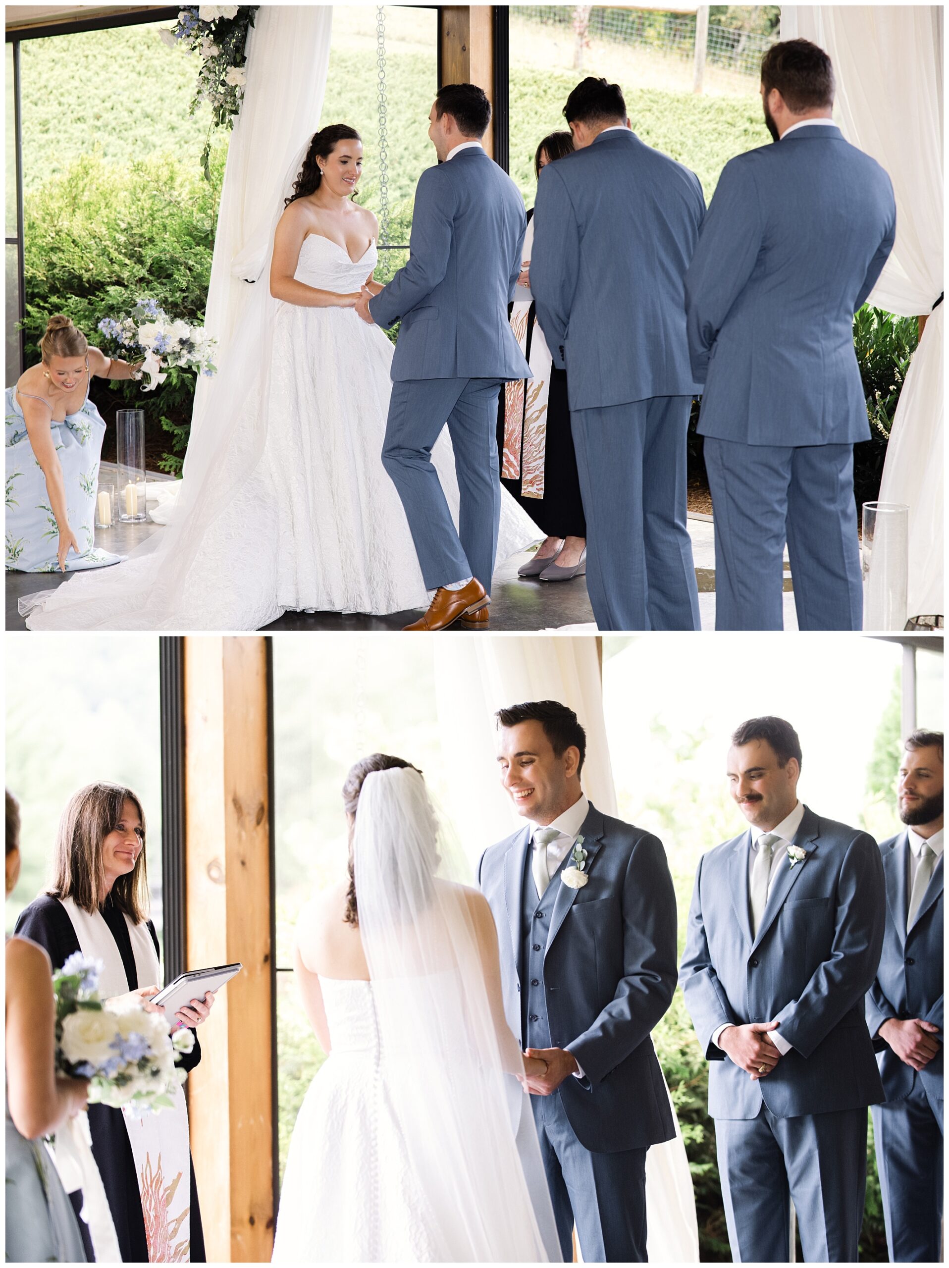 A bride and groom stand facing each other during their wedding ceremony, attended by three groomsmen and an officiant. The bride wears a white gown, and the groom and groomsmen wear blue suits.