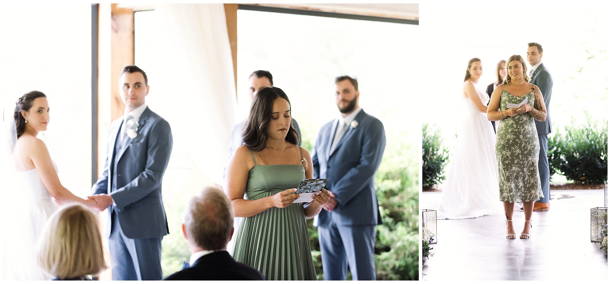 A wedding ceremony is taking place. The couple is holding hands while two bridesmaids, one reading from a card, stand nearby. Groomsmen are in the background.