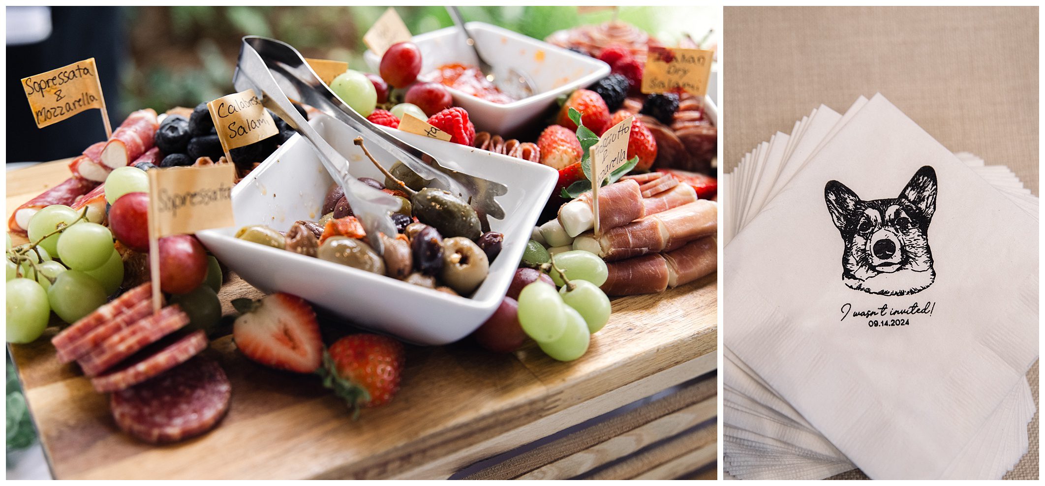 A charcuterie board with fruits, meats, and cheeses, next to personalized napkins with a dog illustration and text.