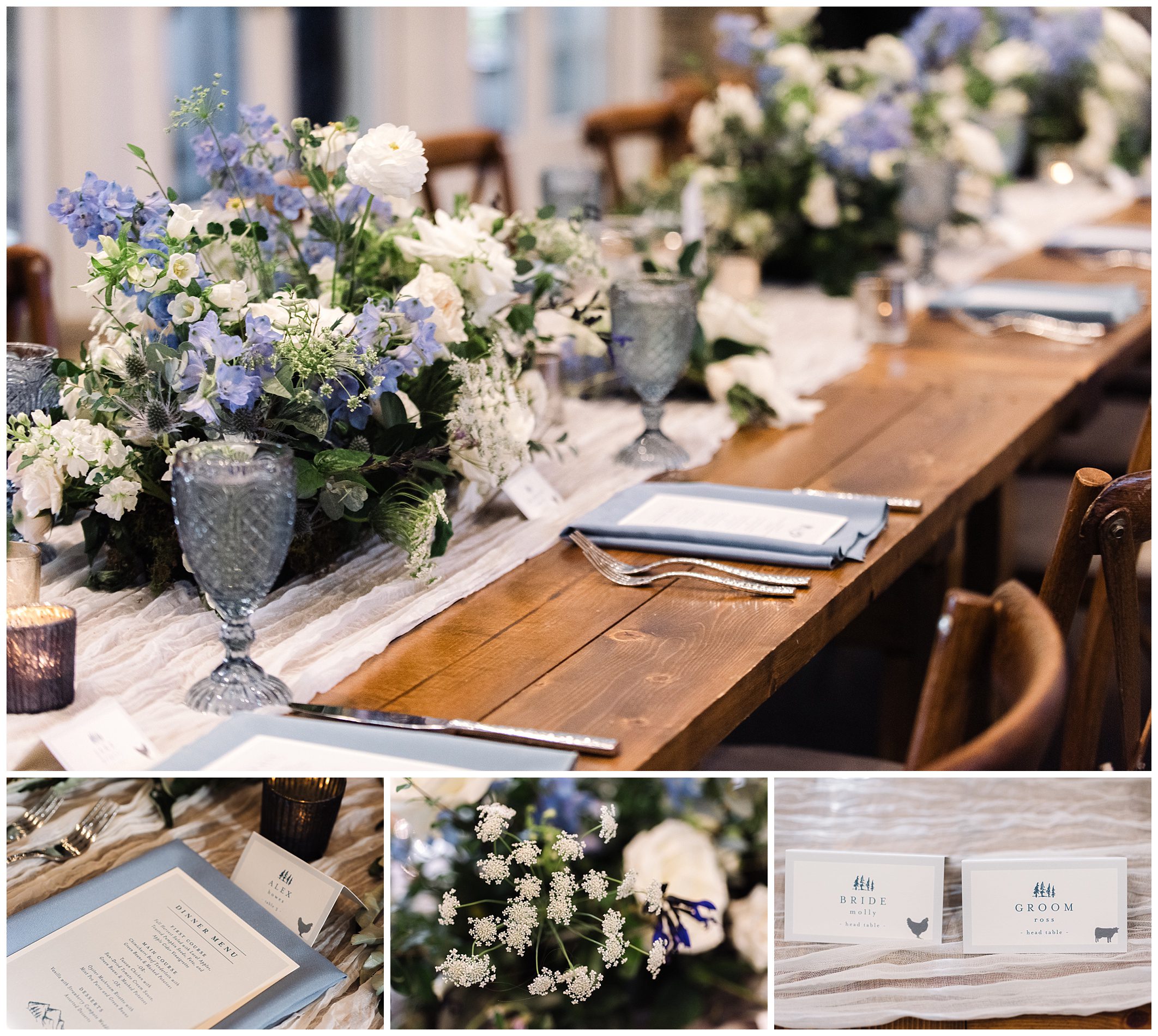 A rustic wooden table set for a formal event with blue and white floral centerpieces, blue napkins, glassware, cutlery, and name cards for the bride and groom. Close-up images show menu details and flowers.