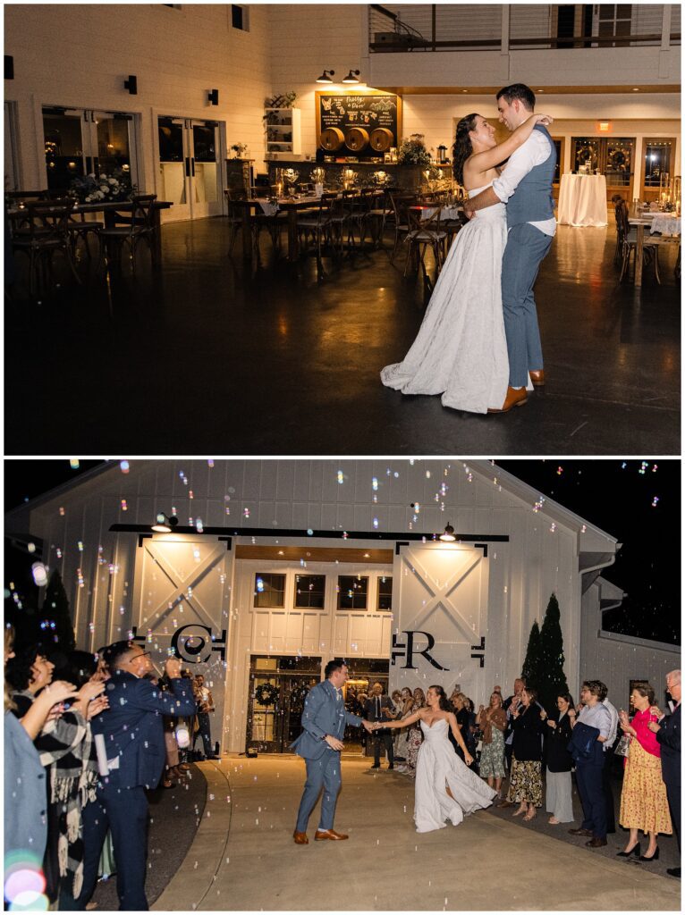 A couple dances alone in a large indoor space. Later, they exit a building at night, greeted by bubbles and cheering guests.