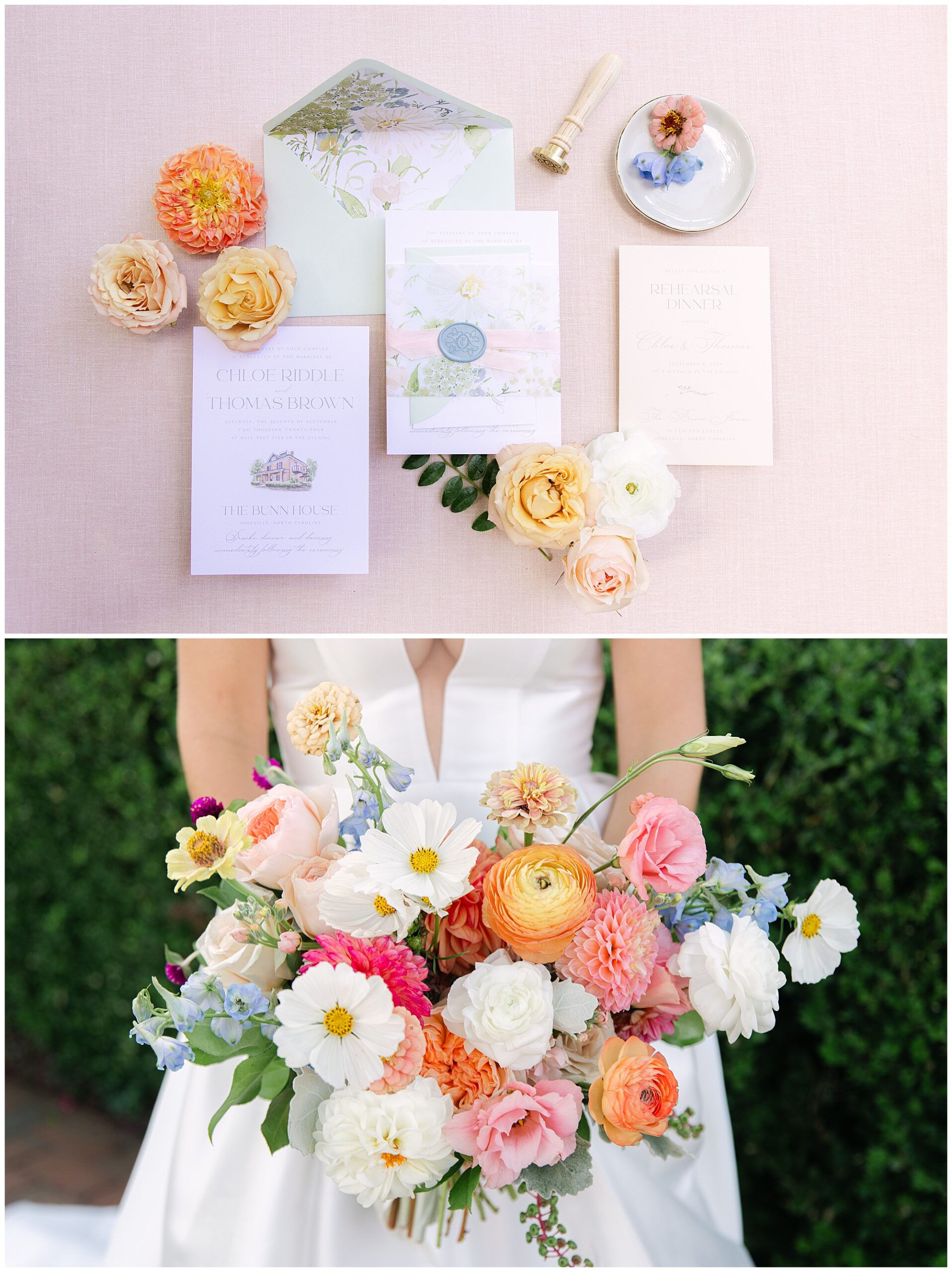 Wedding invitation suite and floral arrangements. Top: Invitations and florals set against a pink background. Bottom: Bride holding a vibrant bouquet of mixed flowers in white dress.