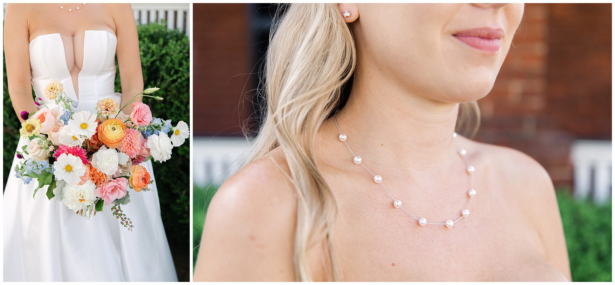 A close-up of a woman in a strapless white dress holding a colorful bouquet on the left, and a close-up of her wearing a delicate pearl necklace on the right.