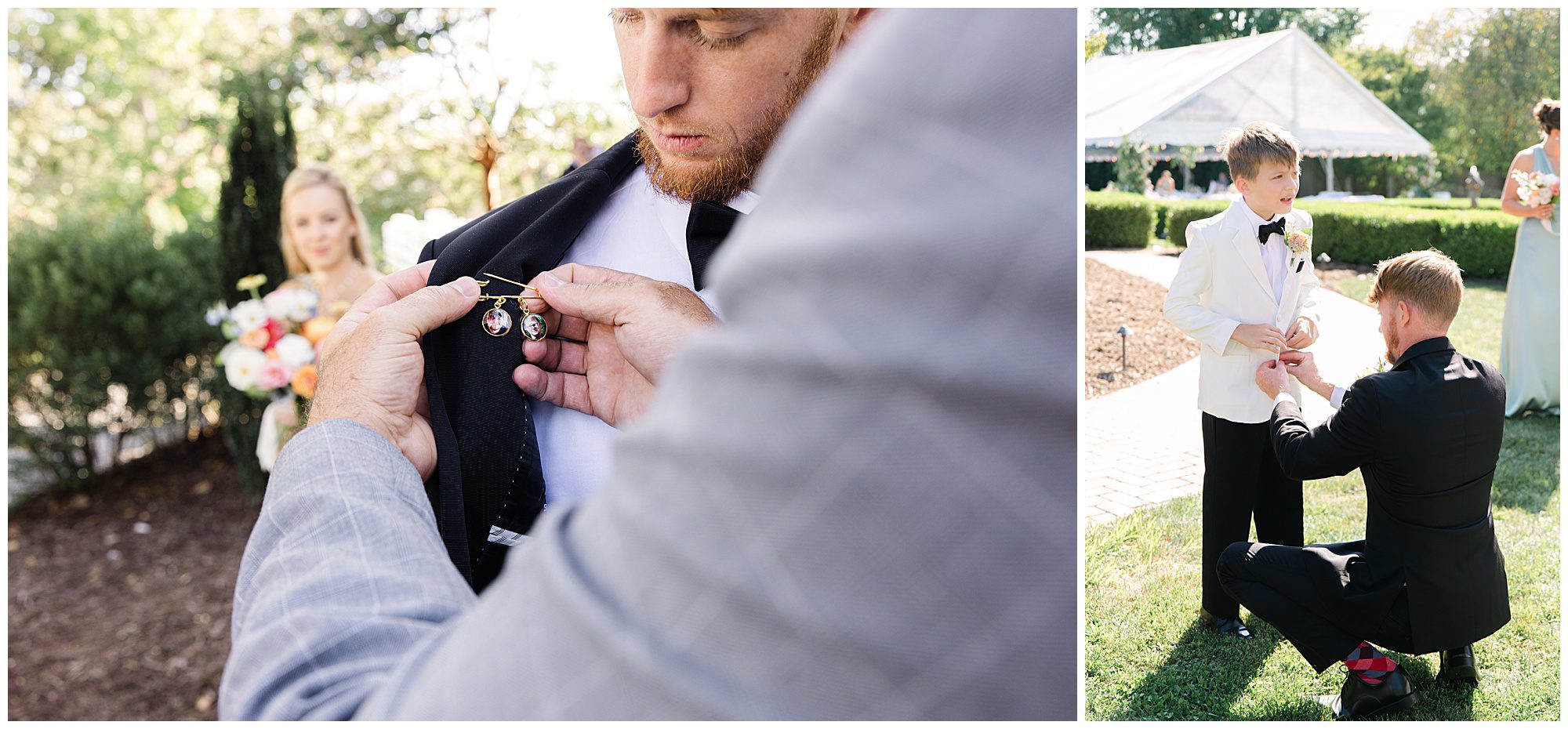 Left: A man adjusts a boutonniere on another man's suit. Right: A man kneels to help a boy with his suit jacket. Both scenes are outdoors.