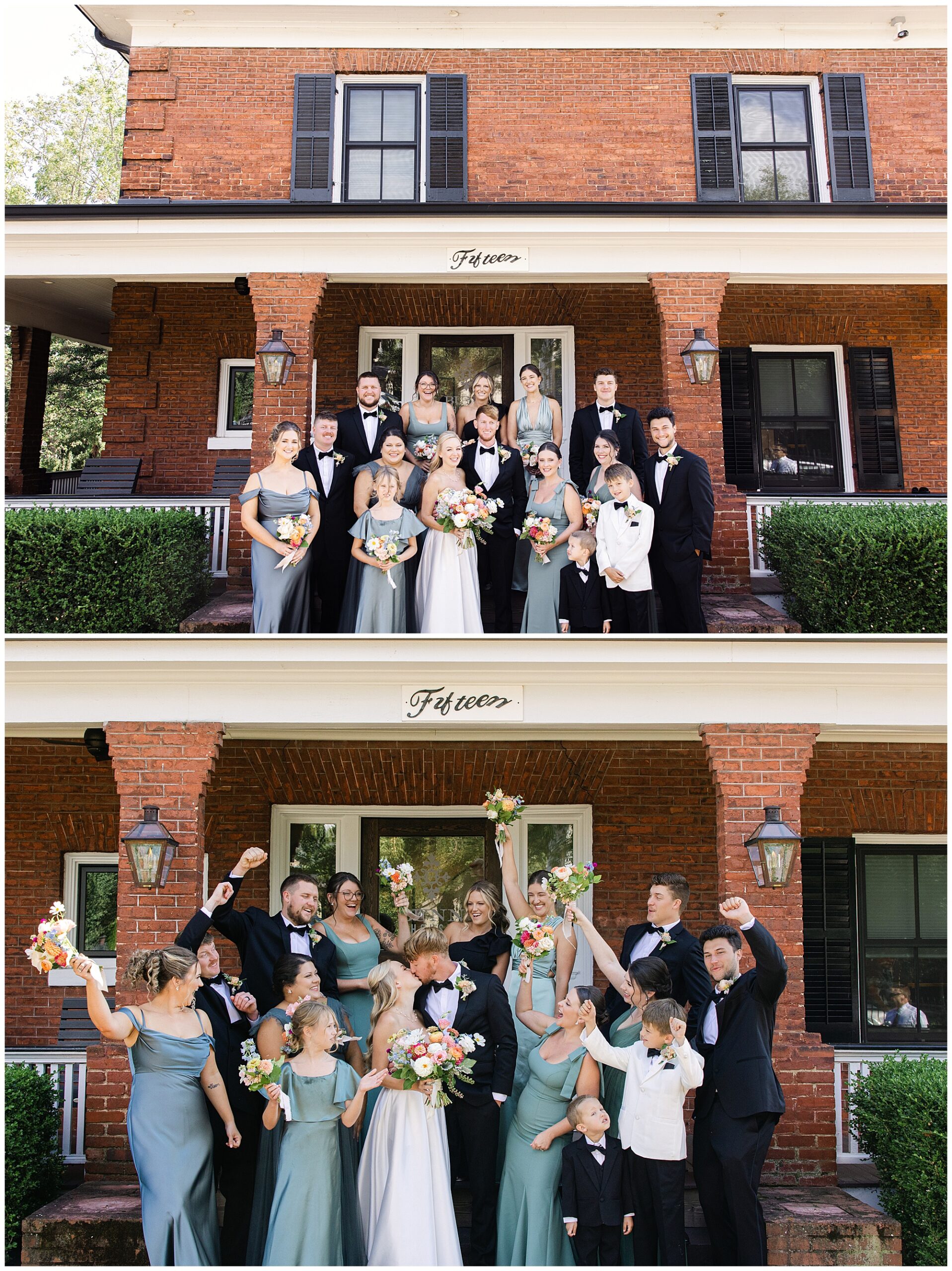 A wedding party poses on a brick house's porch. In the first image, they stand together formally; in the second image, they raise their arms and bouquets in celebration.