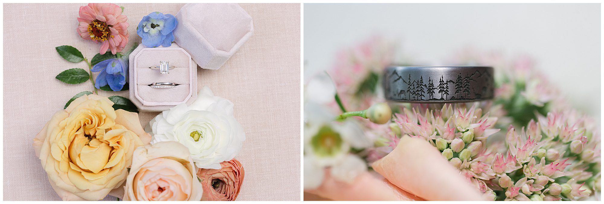 The image shows wedding rings on a soft pink surface with flowers. One ring is in an open hexagonal box, and the other ring has a nature-themed design and is placed among pink flowers.