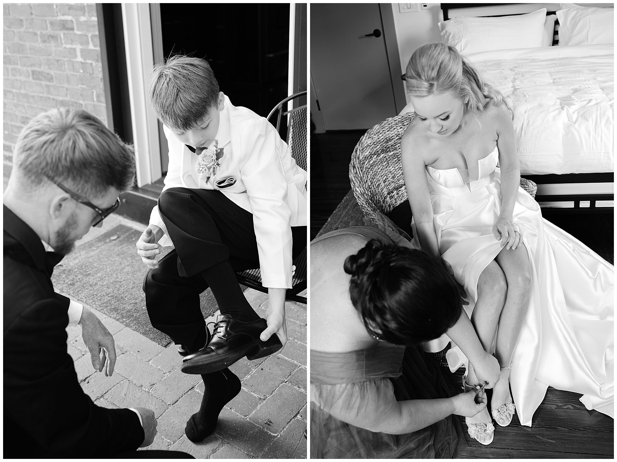 Two black and white photos: Left shows a young boy being helped with his shoe by a man. Right shows a bride sitting on a bed while another woman helps her with her shoe.