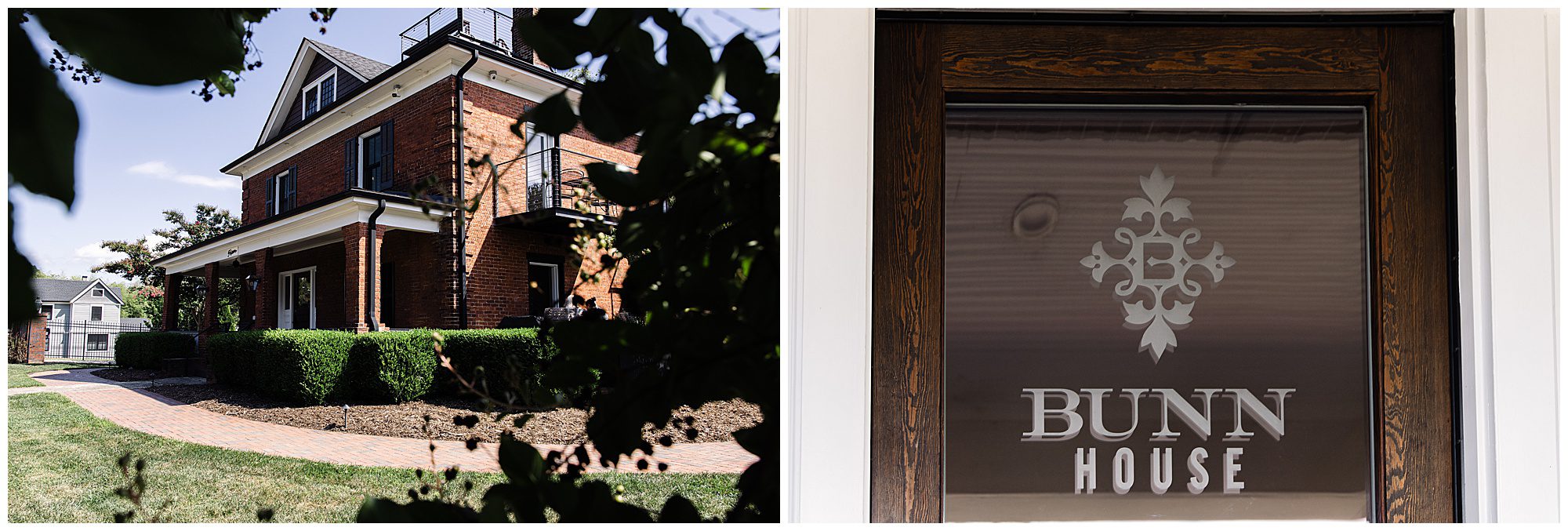 A two-story brick building with manicured hedges is shown on the left. On the right, a close-up of a glass door displaying the text "Bunn House.