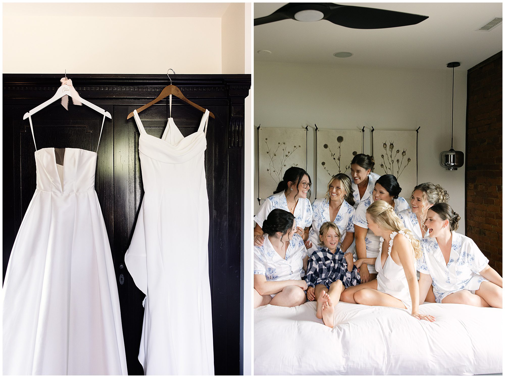 Two white dresses hang on a wardrobe. In an adjacent photo, a group of women and a child, all in pajamas, sit on a bed, smiling and interacting.