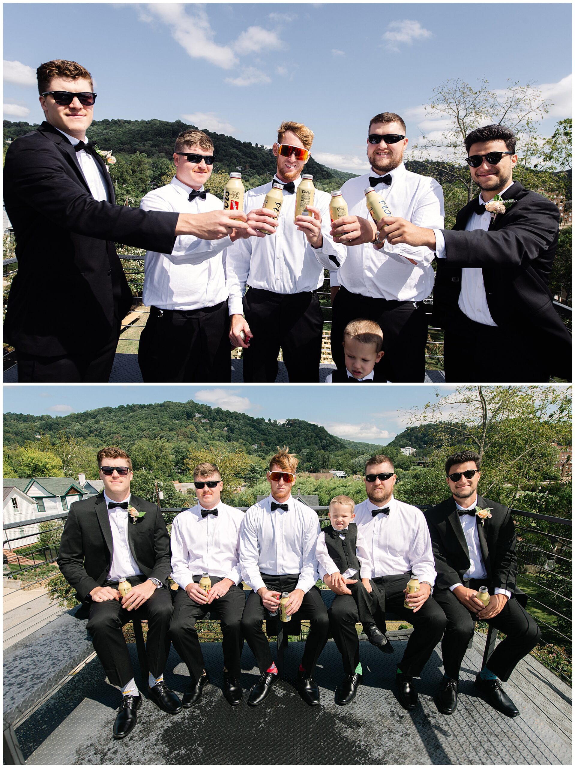 Two photos of a group of five men dressed in formal attire. In the first, they share a toast with drinks, and in the second, they sit on a railing with a child in the background, against a scenic view.