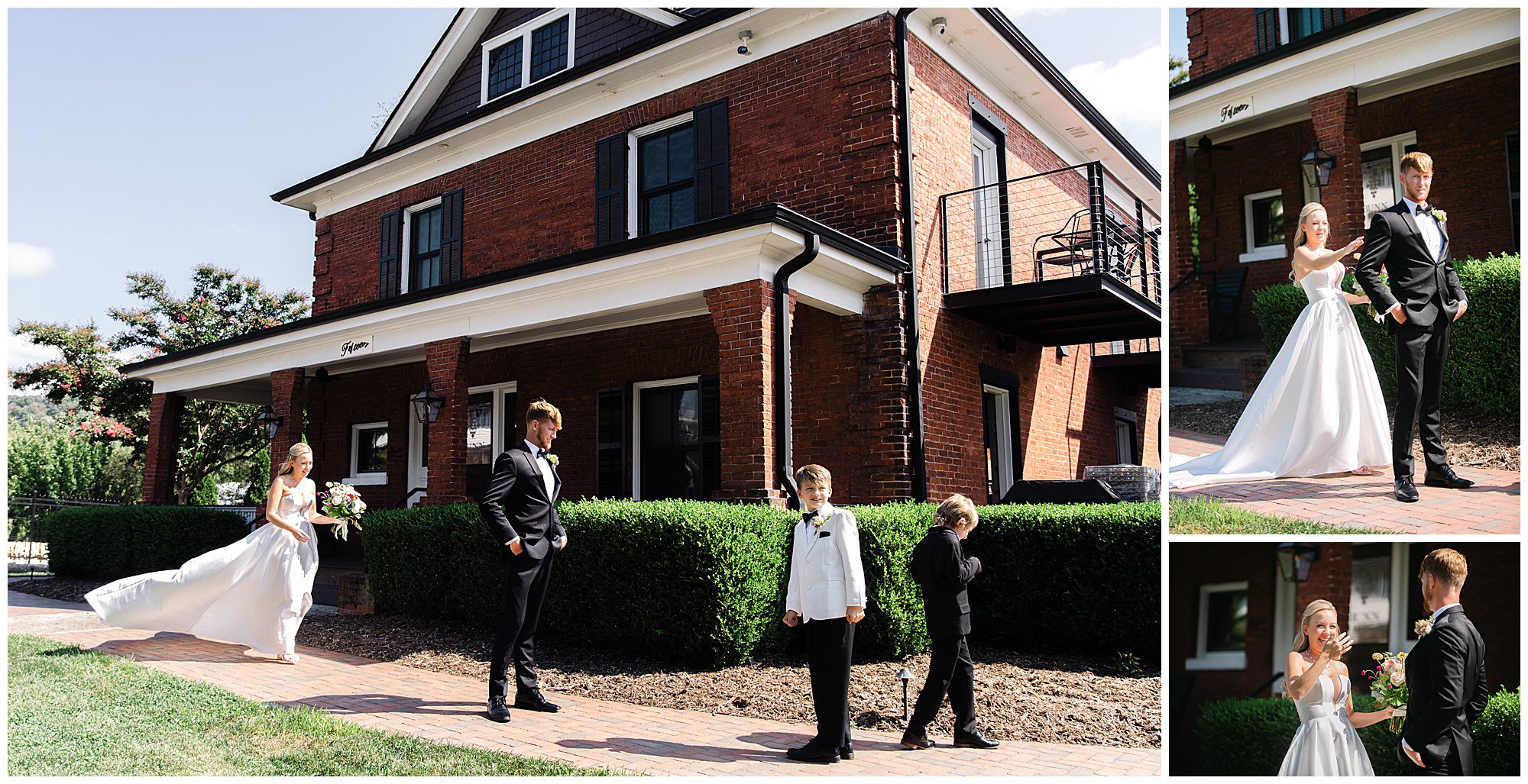 Bride and groom walk together and pose for photos outside a brick house, accompanied by two young boys dressed formally.