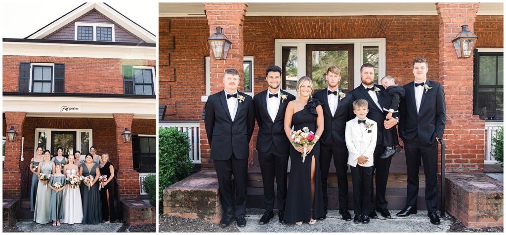 Two photos: on the left, a group of bridesmaids in front of a brick house; on the right, a wedding party with groomsmen, a flower girl, and a child, posing on the steps of the same house.