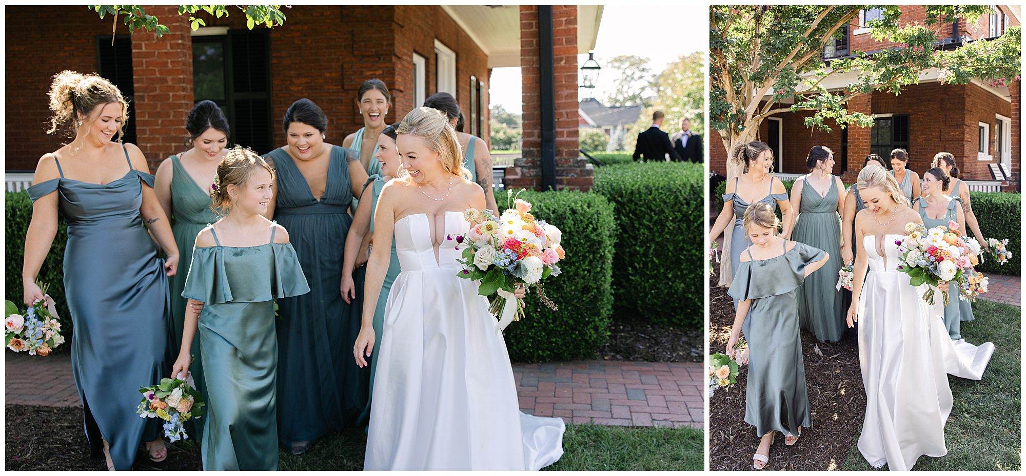 A smiling bride walks with her bridesmaids, all in green dresses, along a brick path near bushes and trees. The bride holds a colorful bouquet.