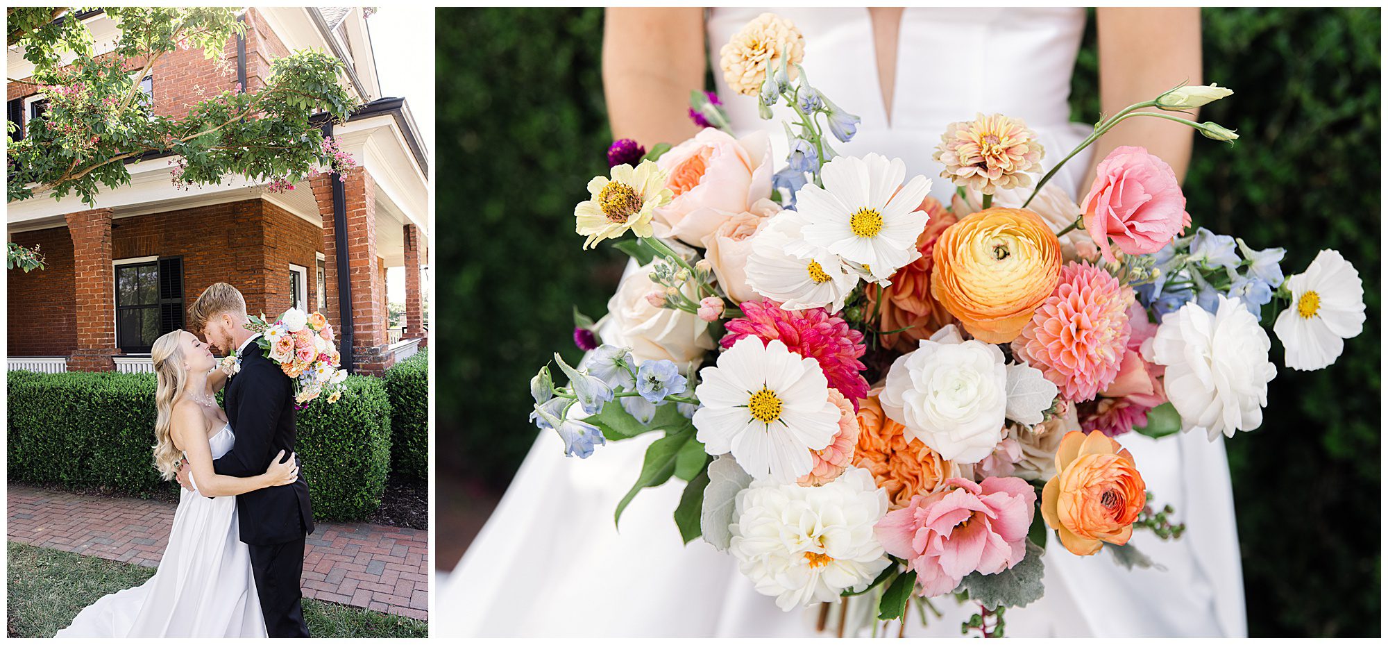 A couple embraces in front of a brick building while holding a colorful bouquet with various flowers, including daisies, roses, and ranunculus.