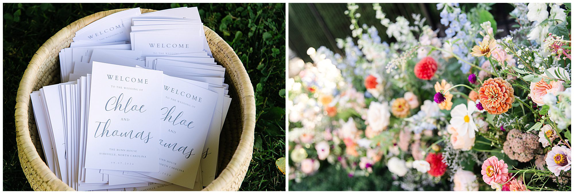 A basket of wedding programs sits on the grass. To the right, an array of colorful flowers is arranged.