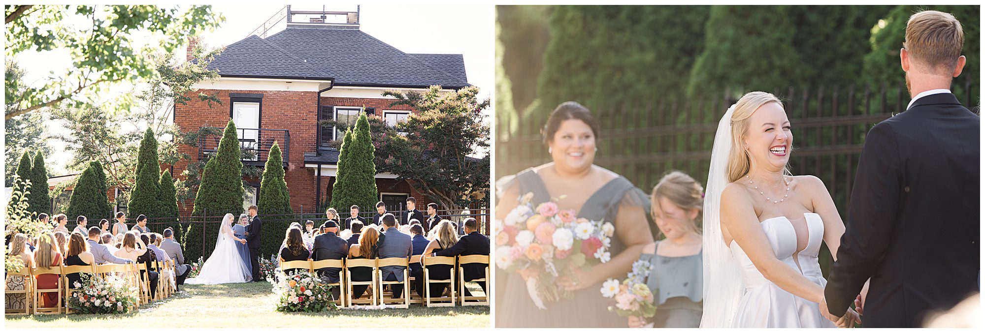 A couple gets married in an outdoor ceremony. Guests are seated in rows of chairs. The bride and groom are seen smiling and holding hands while bridesmaids stand nearby with bouquets.