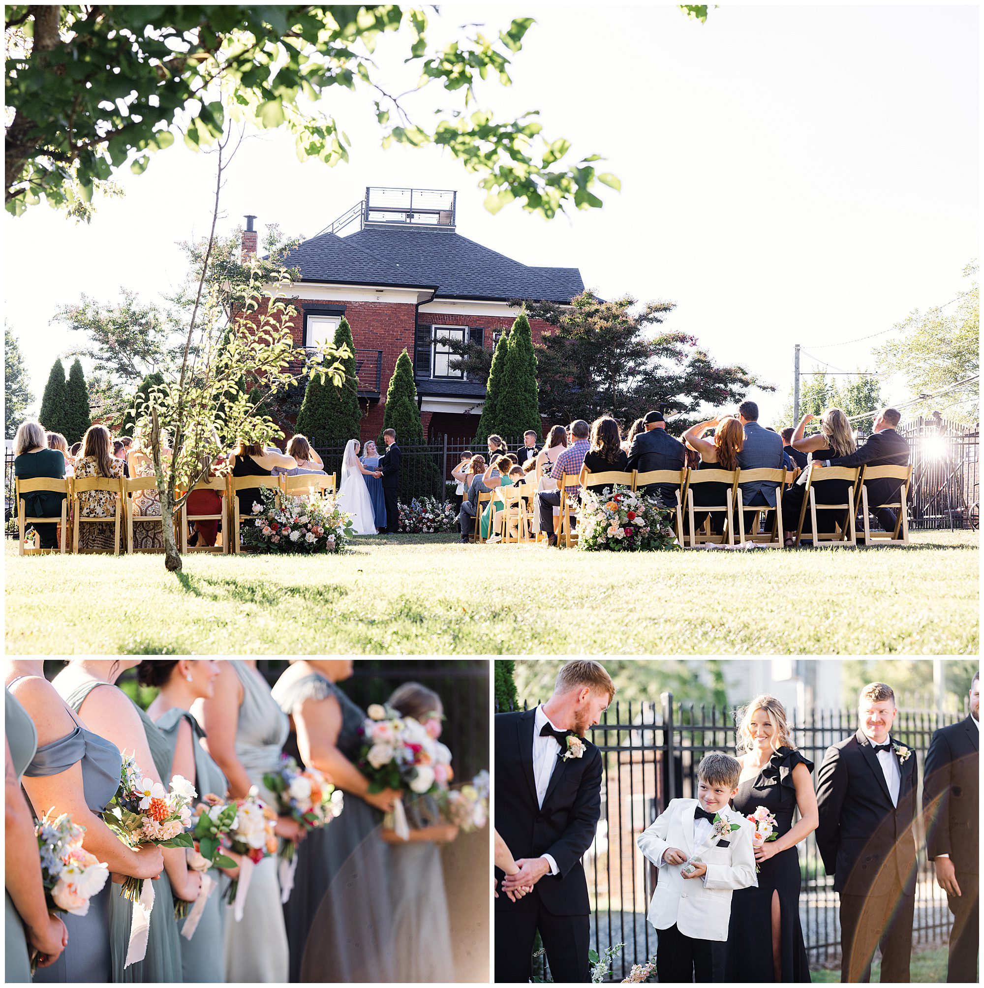 A wedding ceremony takes place outdoors in front of a brick house; the bridal party, including bridesmaids holding bouquets and a ring bearer, is also shown in close-up photos.