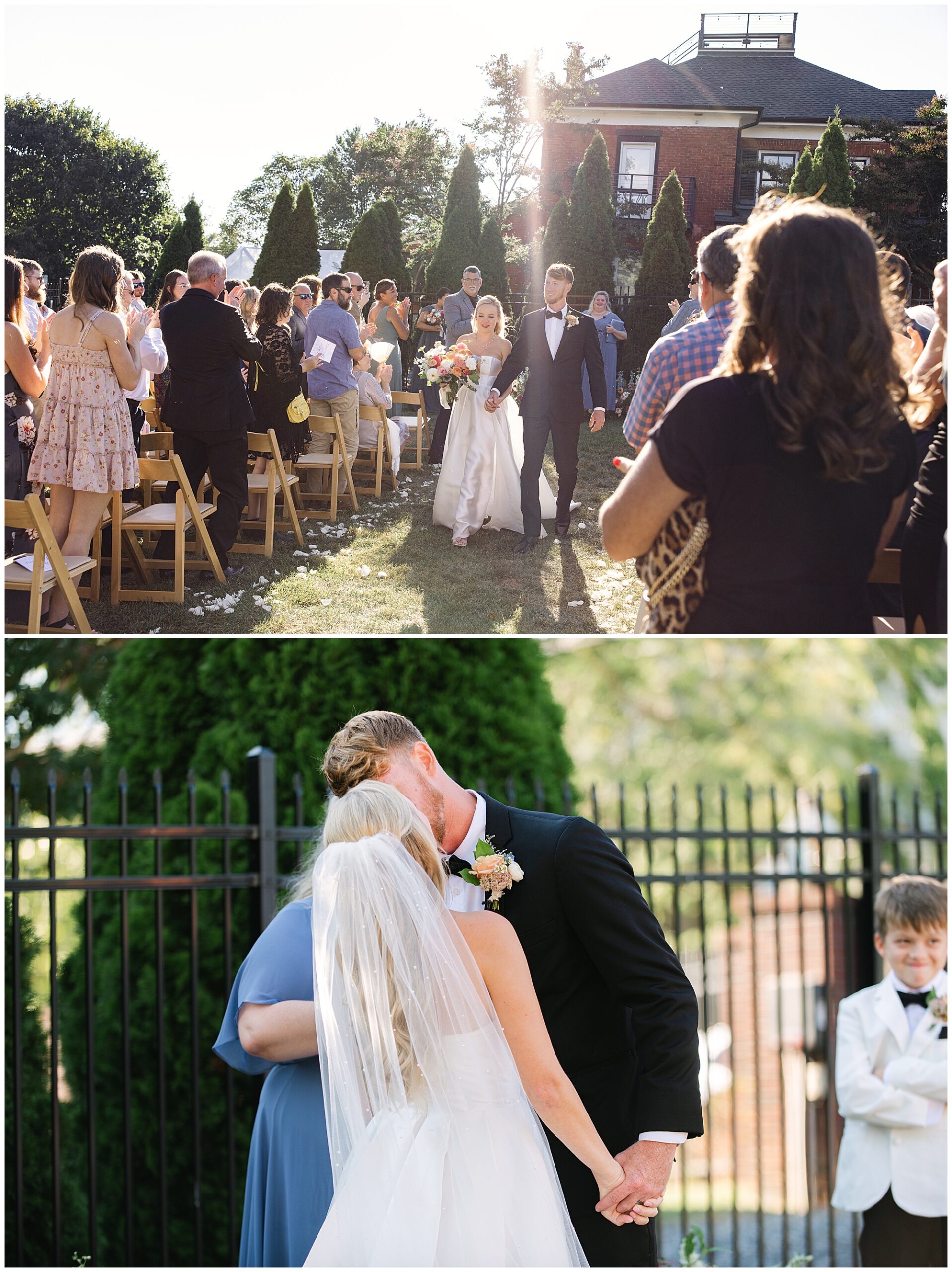 A couple walks down the aisle during an outdoor wedding ceremony in the top image. In the bottom image, they share a kiss while holding hands. Guests and greenery surround them in both images.